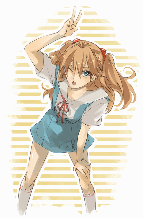 masso, souryuu asuka langley, neon genesis evangelion, bad id, bad pixiv id, blue eyes, hair ornament, kneehighs, legs, one eye closed, red hair, school uniform, socks, v, wink