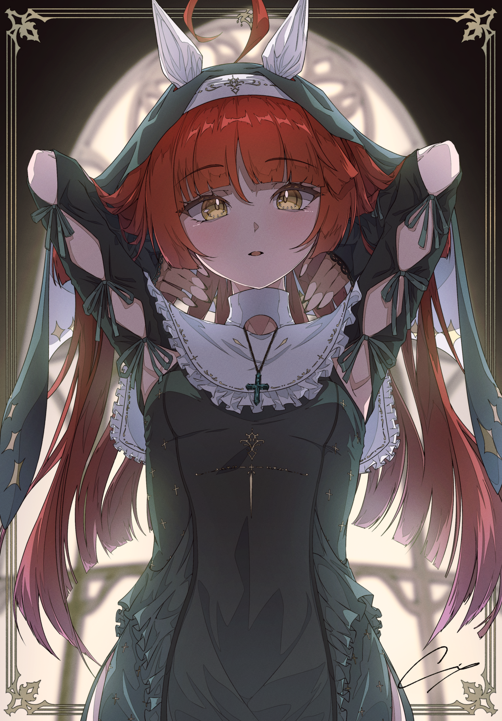 ci4, red desire (umamusume), umamusume, highres, 1girl, alternate costume, animal ears, armpits, arms behind head, black dress, black veil, blunt bangs, blunt ends, blunt sidelocks, blush, collar, cross, cross necklace, dress, hands in own hair, horse ears, horse girl, jewelry, necklace, nun, open mouth, red hair, sidelocks, solo, veil, white collar, yellow eyes