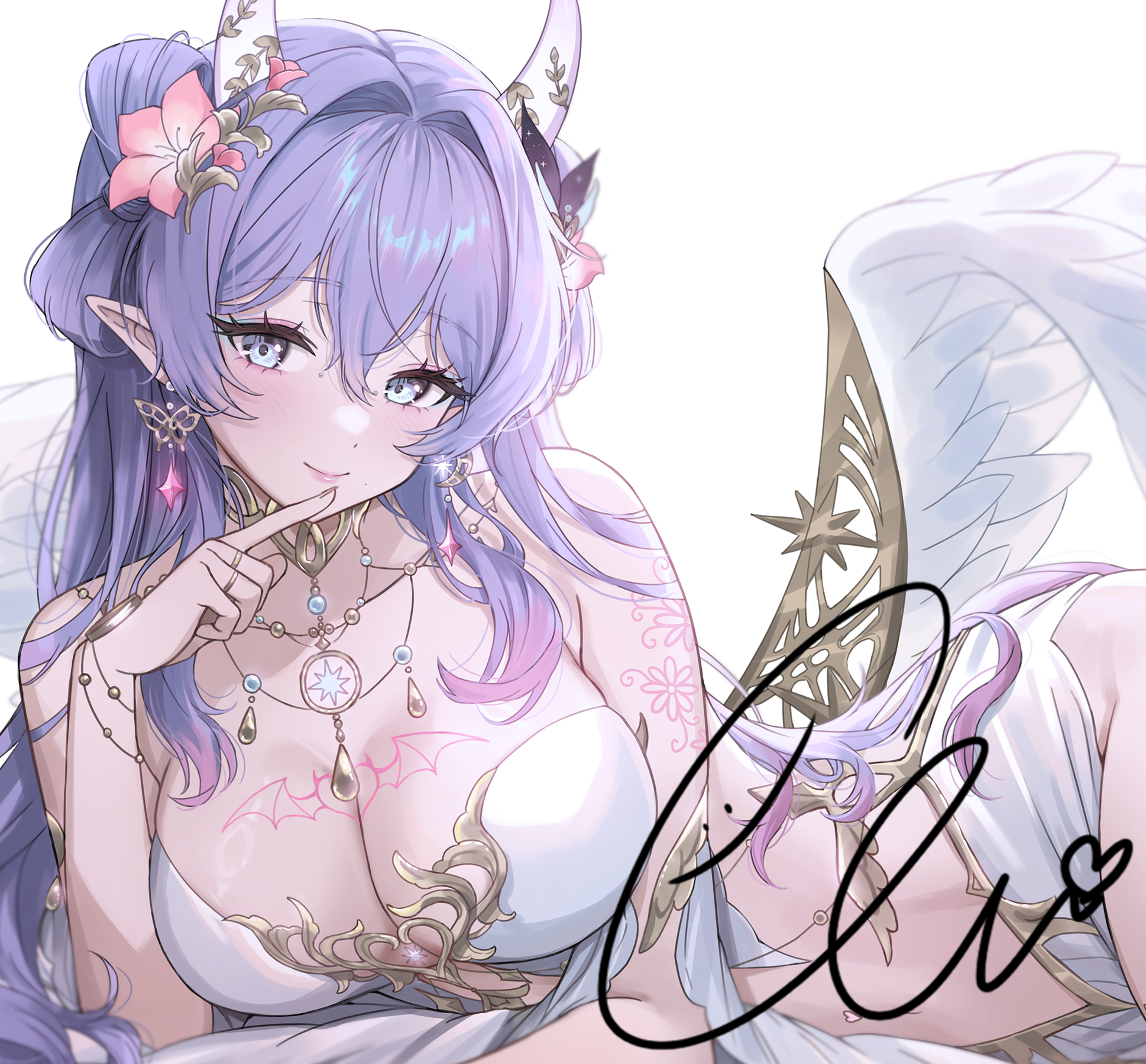 ella 7737, indie virtual youtuber, commission, highres, vgen commission, 1girl, breasts, butterfly earrings, cleavage, earrings, feathered wings, flower, grey eyes, hair flower, hair intakes, hair ornament, horns, jewelry, long hair, low wings, necklace, piggie01, pink flower, pointy ears, purple hair, signature, solo, virtual youtuber, white horns, white wings, wings