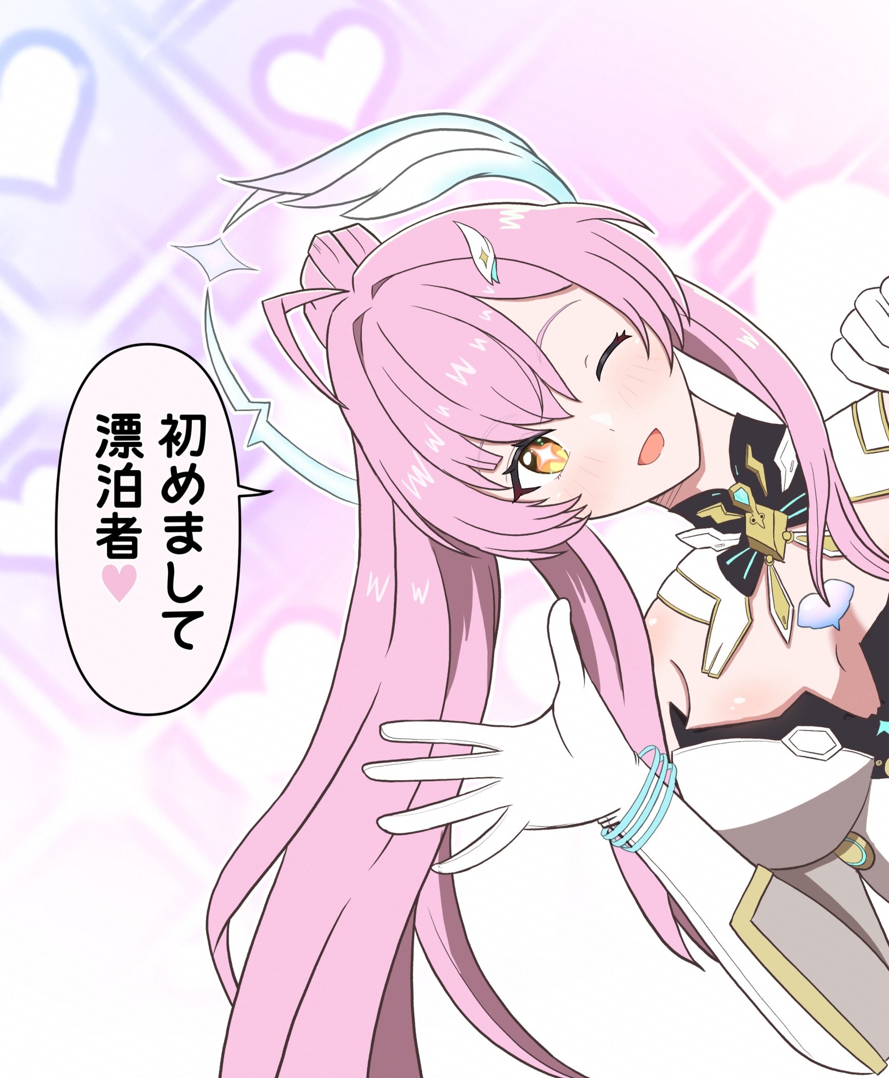 wuthering waves, highres, 1girl, aemeath (wuthering waves), bare shoulders, blush, breasts, dress, gloves, hair ornament, hands up, heart, large breasts, long hair, looking at viewer, nabeno halcas, one eye closed, open mouth, pink hair, ponytail, solo, white dress, white gloves, yellow eyes