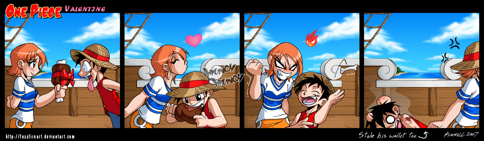 kristoffer remmell, monkey d. luffy, one piece, nami, highres, long image, wide image, 4koma, angry, black hair, blush, brown eyes, comic, fire, food, gift, happy, hat, head bump, heart, kiss envy, meat, orange hair, ribbon, scar, short hair, straw hat, trembling