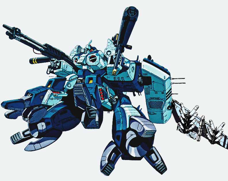 legioss, stick bernard, tread, kikou souseiki mospeada, mospeada, 1980s (style), official art, promotional art, scan, traditional media, beam rifle, cannon, energy gun, gun, gunpod, mecha, missile, no humans, oldschool, production art, retro artstyle, rifle, robot, simple background, weapon