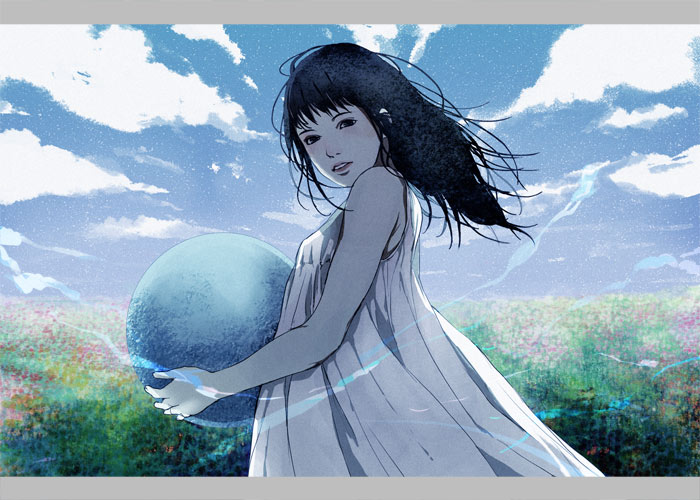 sumishuu, original, bad id, bad pixiv id, 1girl, black hair, day, dress, female focus, sky, solo, white dress