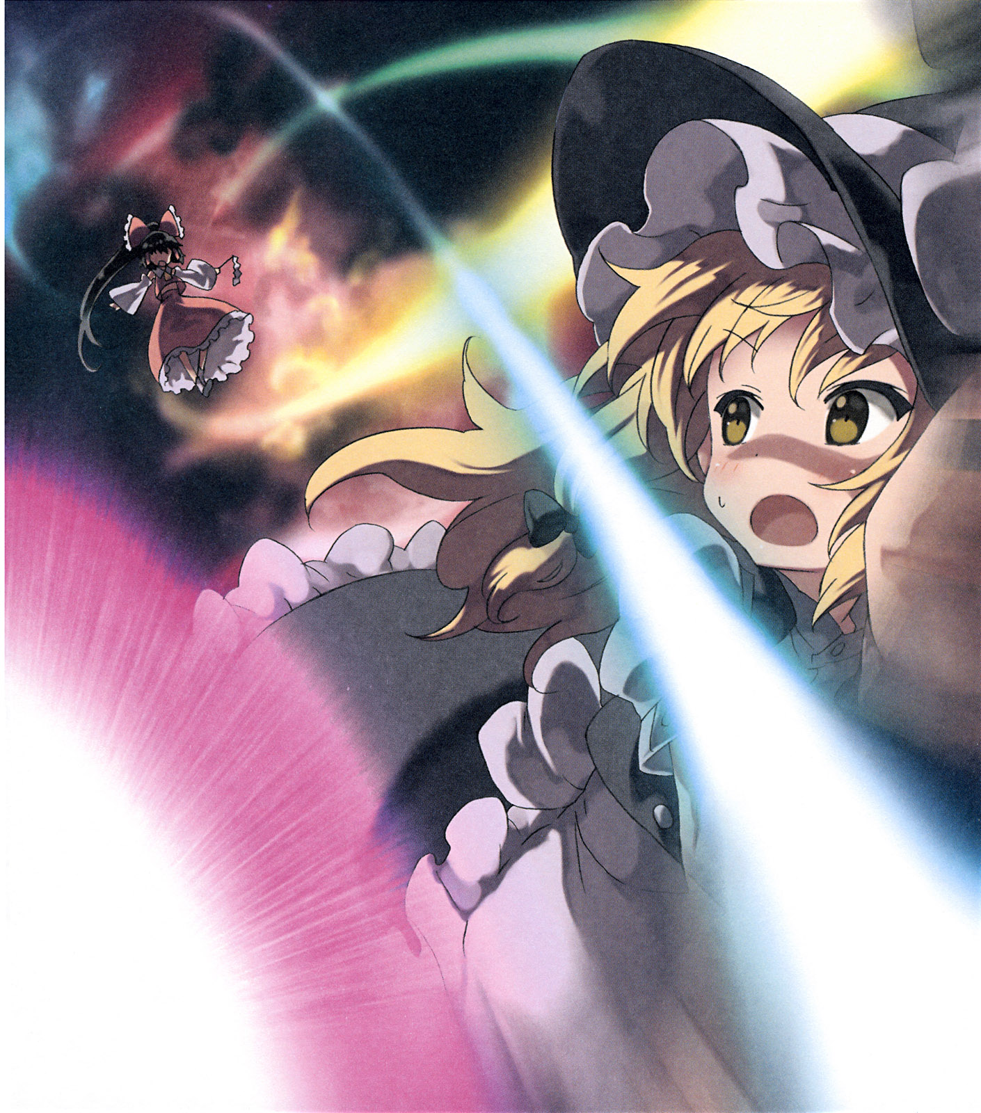 moriki takeshi, hakurei reimu, kirisame marisa, touhou, highres, official art, 2girls, armpits, black hair, blonde hair, blush, bow, braid, brown hair, danmaku, detached sleeves, female focus, gohei, hair bow, hair tubes, hat, long hair, multiple girls, ponytail, ribbon, sweatdrop, witch, witch hat, yellow eyes