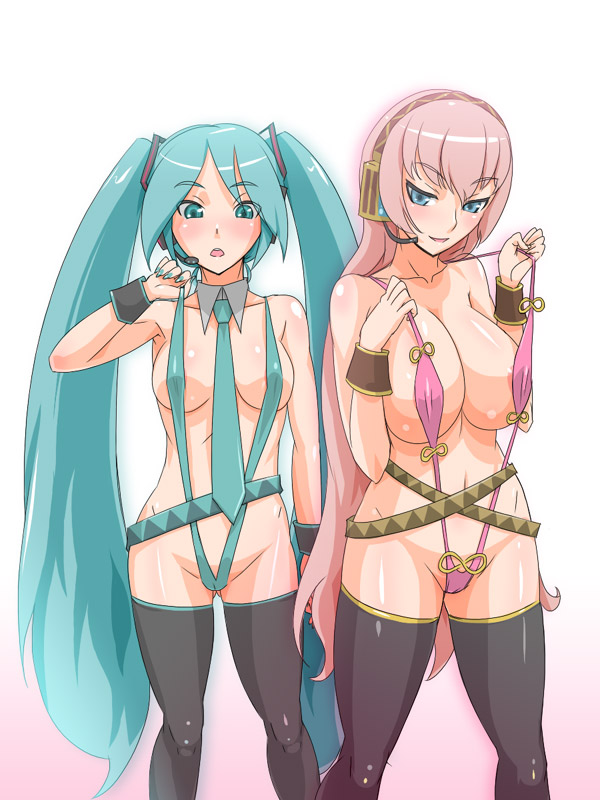 jt dong-agyoku, hatsune miku, megurine luka, vocaloid, 2girls, aqua eyes, blue eyes, blue hair, breasts, cameltoe, cleavage, headphones, headset, large breasts, long hair, multiple girls, nail polish, necktie, pink hair, slingshot swimsuit, swimsuit, thighhighs, twintails, very long hair