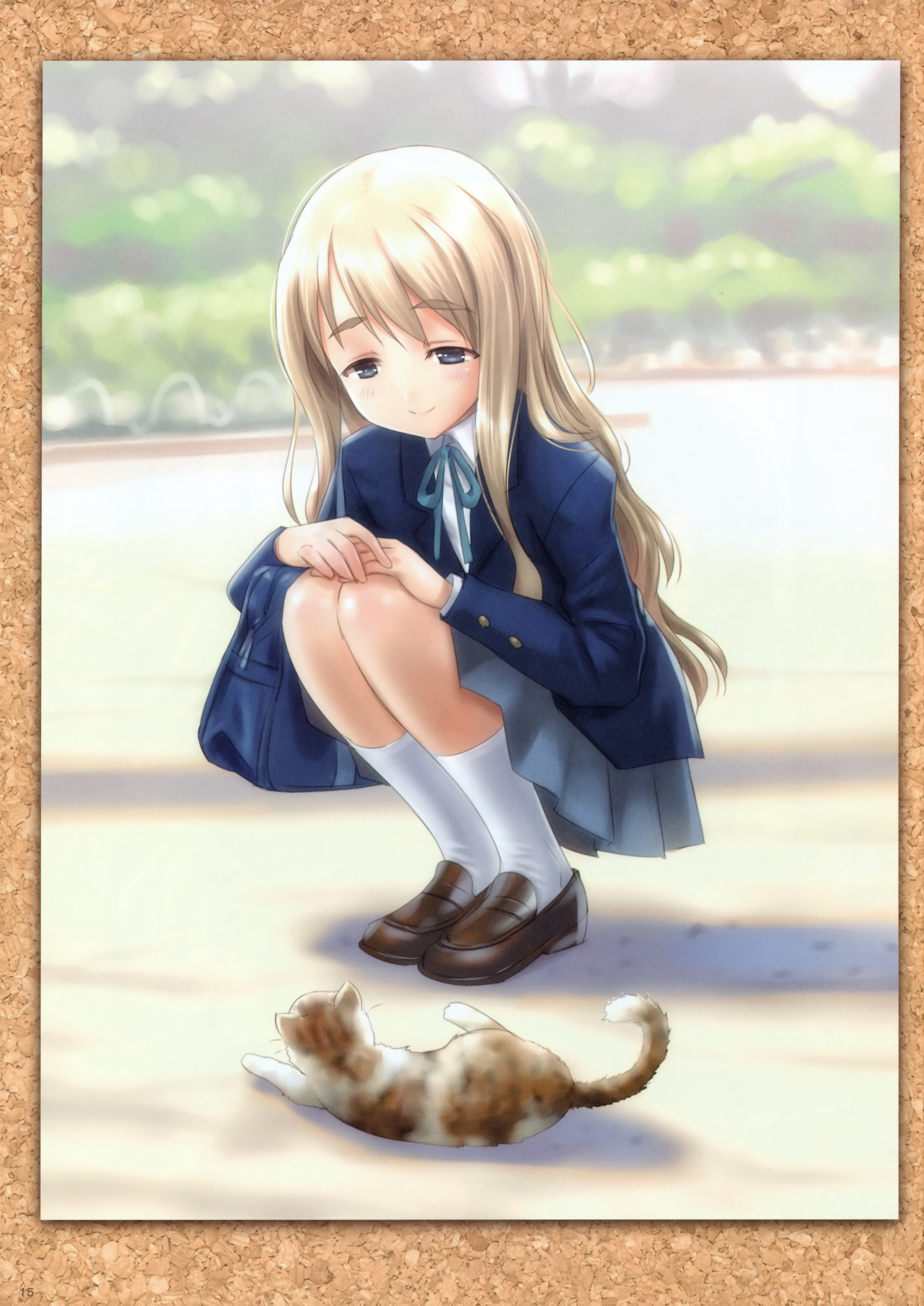 goto p, kotobuki tsumugi, k-on!, eyebrows, absurdres, highres, 00s, 1girl, bag, blazer, blonde hair, blue eyes, blush, cat, female focus, jacket, loafers, long hair, nature, outdoors, school uniform, shoes, skirt, smile, socks, solo, white socks