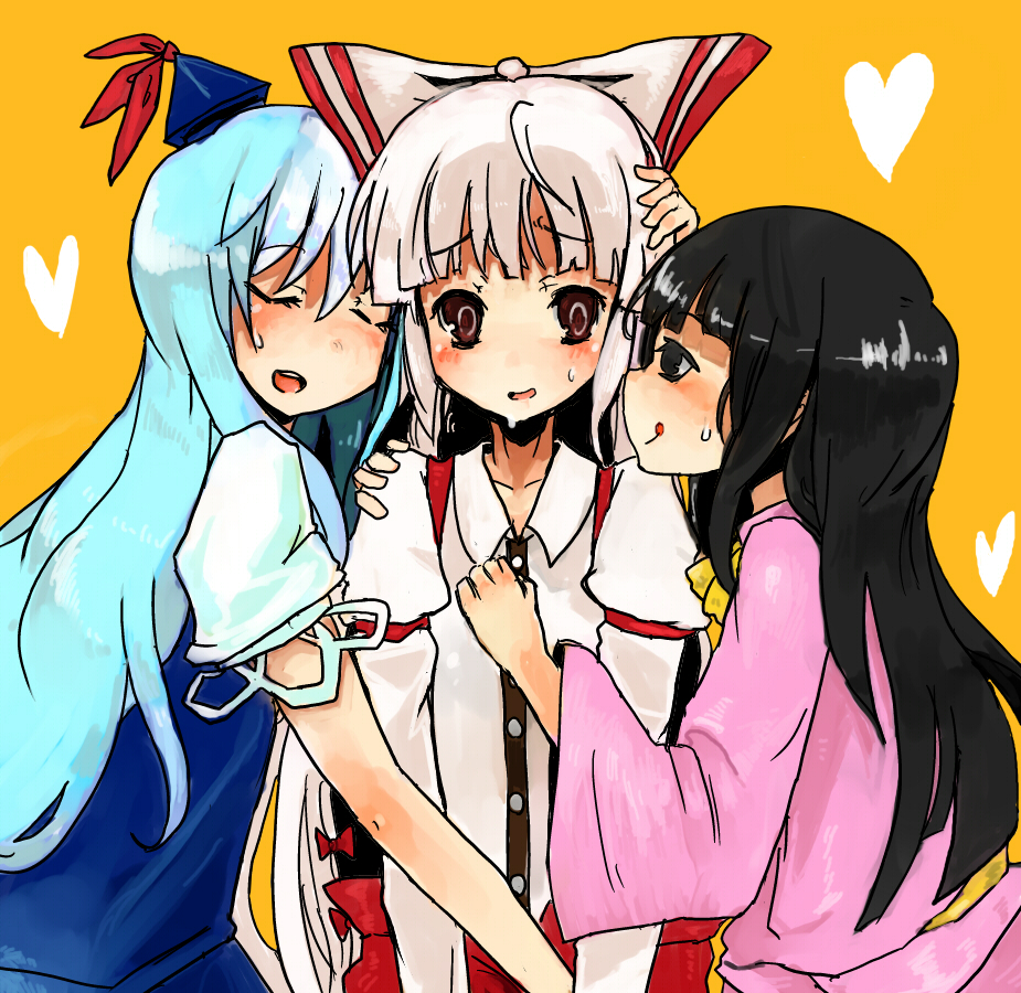 sottan, fujiwara no mokou, houraisan kaguya, kamishirasawa keine, touhou, bad id, bad pixiv id, 3girls, female focus, heart, multiple girls, sweat, tongue, yuri