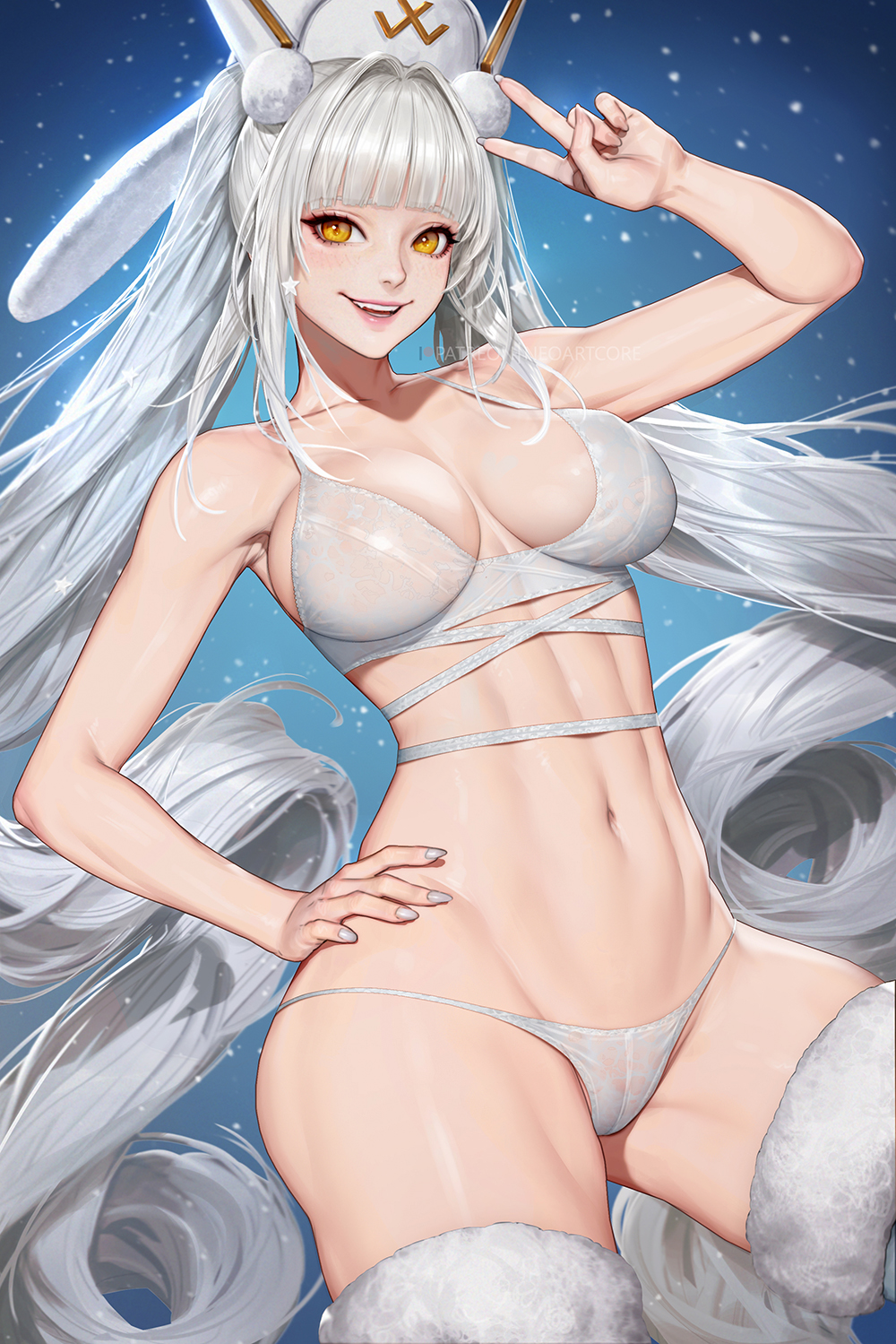 neoartcore, blanc (nikke), goddess of victory: nikke, commentary, english commentary, highres, mixed-language commentary, 1girl, blue background, bra, breasts, collarbone, grey hair, hand on own hip, hat, jacket, long hair, looking at viewer, medium breasts, navel, open mouth, panties, patreon username, smile, snowing, teeth, thai commentary, thighhighs, underwear, v, white bra, white hat, white jacket, white panties, yellow eyes