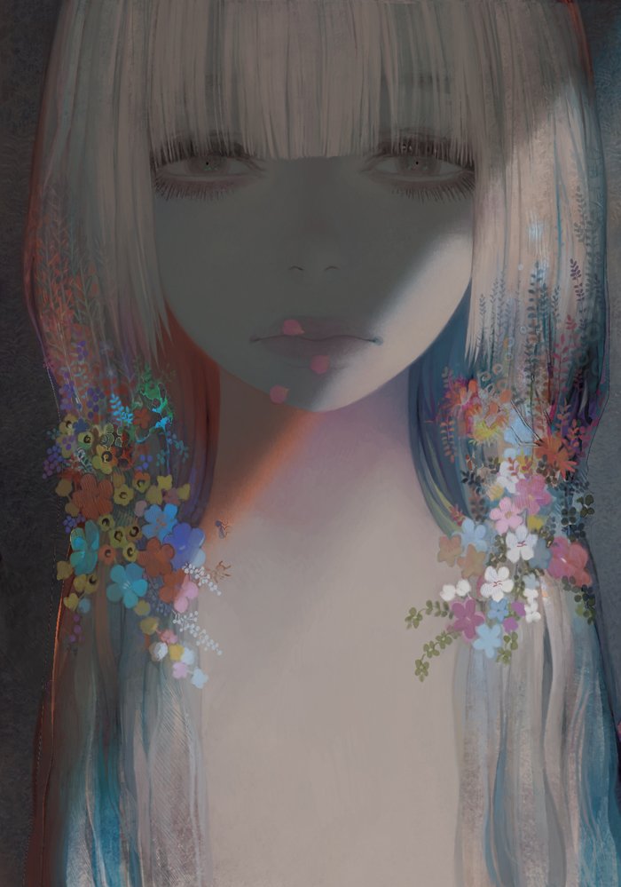 matayoshi, flower, long hair, makeup, mascara, solo, topless female, twintails