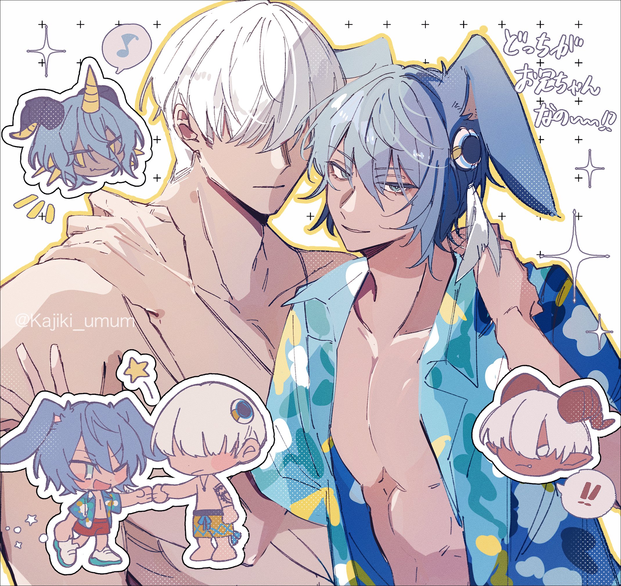 kajiki umum, final fantasy, final fantasy xiv, commentary request, highres, 2boys, animal ears, aqua shirt, blue eyes, blue hair, chibi, chibi inset, collared shirt, covered eyes, deep blue (ff14), expressionless, feather hair, fist bump, hair over eyes, hawaiian shirt, hyur, looking at viewer, male focus, multiple boys, open clothes, open shirt, parted lips, rabbit boy, rabbit ears, red hot (ff14), shirt, short hair, smile, toned, toned male, topless male, twitter username, viera, white hair
