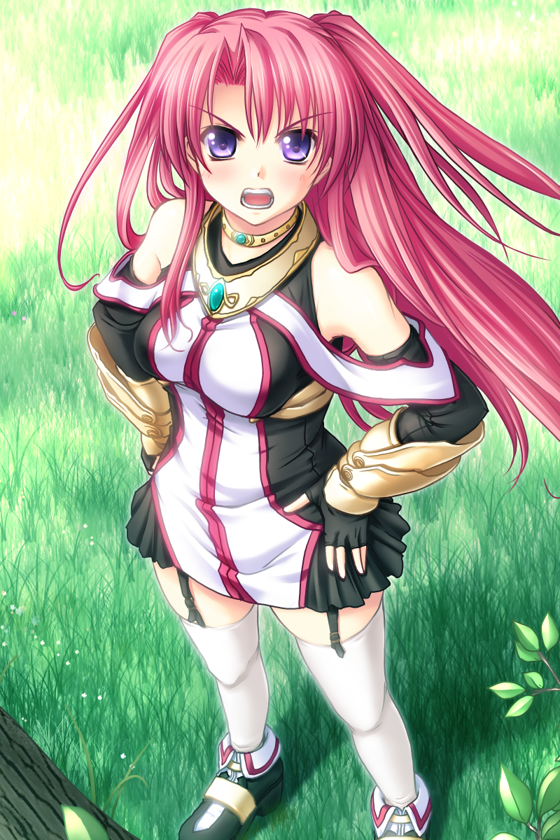 kannatsuki noboru, marie grenoble, maou to odore! ii, game cg, highres, 1girl, female focus, grass, long hair, outdoors, pink hair, purple eyes, red hair, solo, thighhighs, twintails