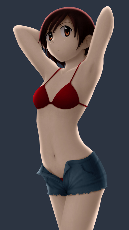 siraha, original, 1girl, armpits, arms behind head, arms up, bra, brown hair, denim, denim shorts, female focus, lingerie, navel, panties, shorts, solo, underwear