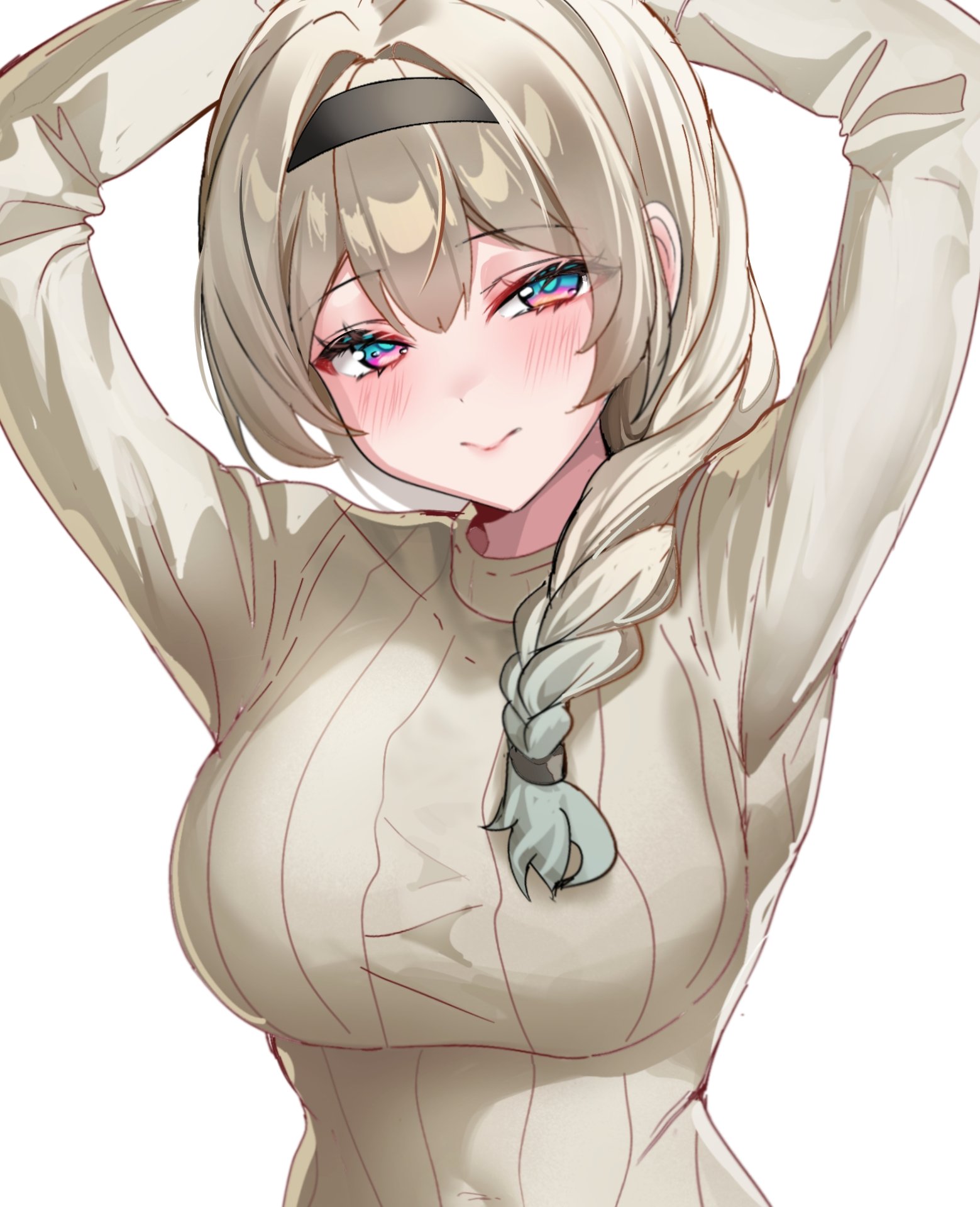 devl ga aru, firefly (honkai: star rail), honkai: star rail, honkai (series), highres, 1girl, arms up, black hairband, blush, braid, closed mouth, gradient eyes, gradient hair, green pupils, grey sweater, hairband, long hair, long sleeves, multicolored eyes, multicolored hair, simple background, single braid, smile, solo, sweater, white background