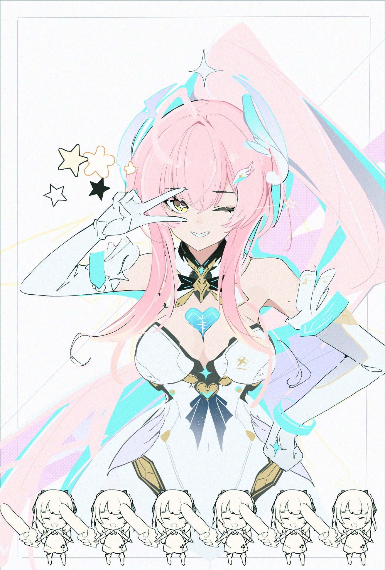 dee (fire2332), wuthering waves, highres, 1girl, aemeath (wuthering waves), bare shoulders, breasts, detached collar, dress, elbow gloves, gloves, hair ornament, hand on own hip, hand up, heart, long hair, looking at viewer, medium breasts, one eye closed, parted lips, pink hair, ponytail, smile, star (symbol), symbol-shaped pupils, v, v over eye, white dress, white gloves, yellow eyes