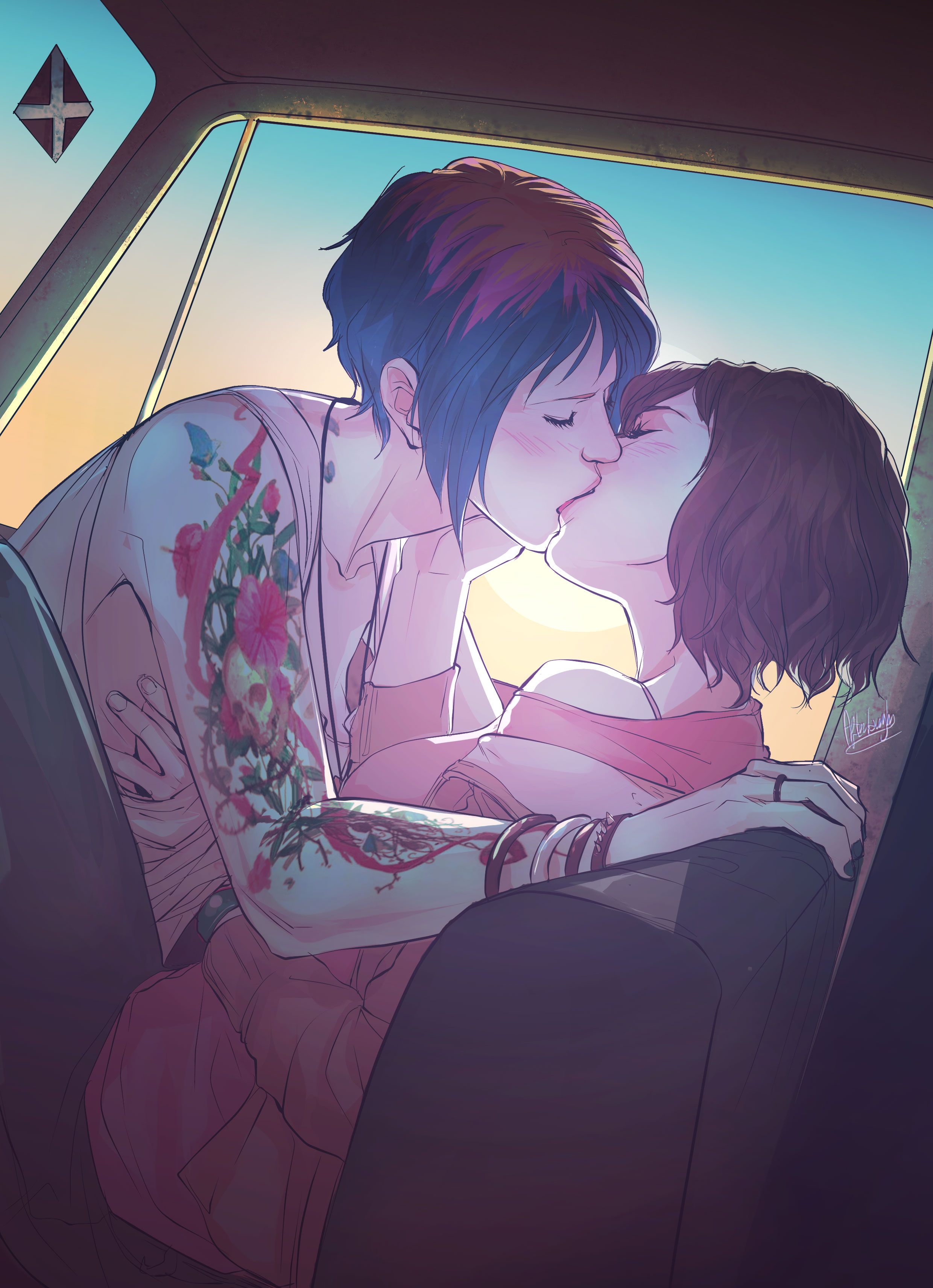 afterlaughs, chloe price, max caulfield, life is strange (series), life is strange 1, absurdres, highres, 2girls, arm tattoo, blue hair, bracelet, brown hair, car interior, closed eyes, jewelry, kiss, multiple girls, scottish flag, short hair, signature, tattoo, yuri