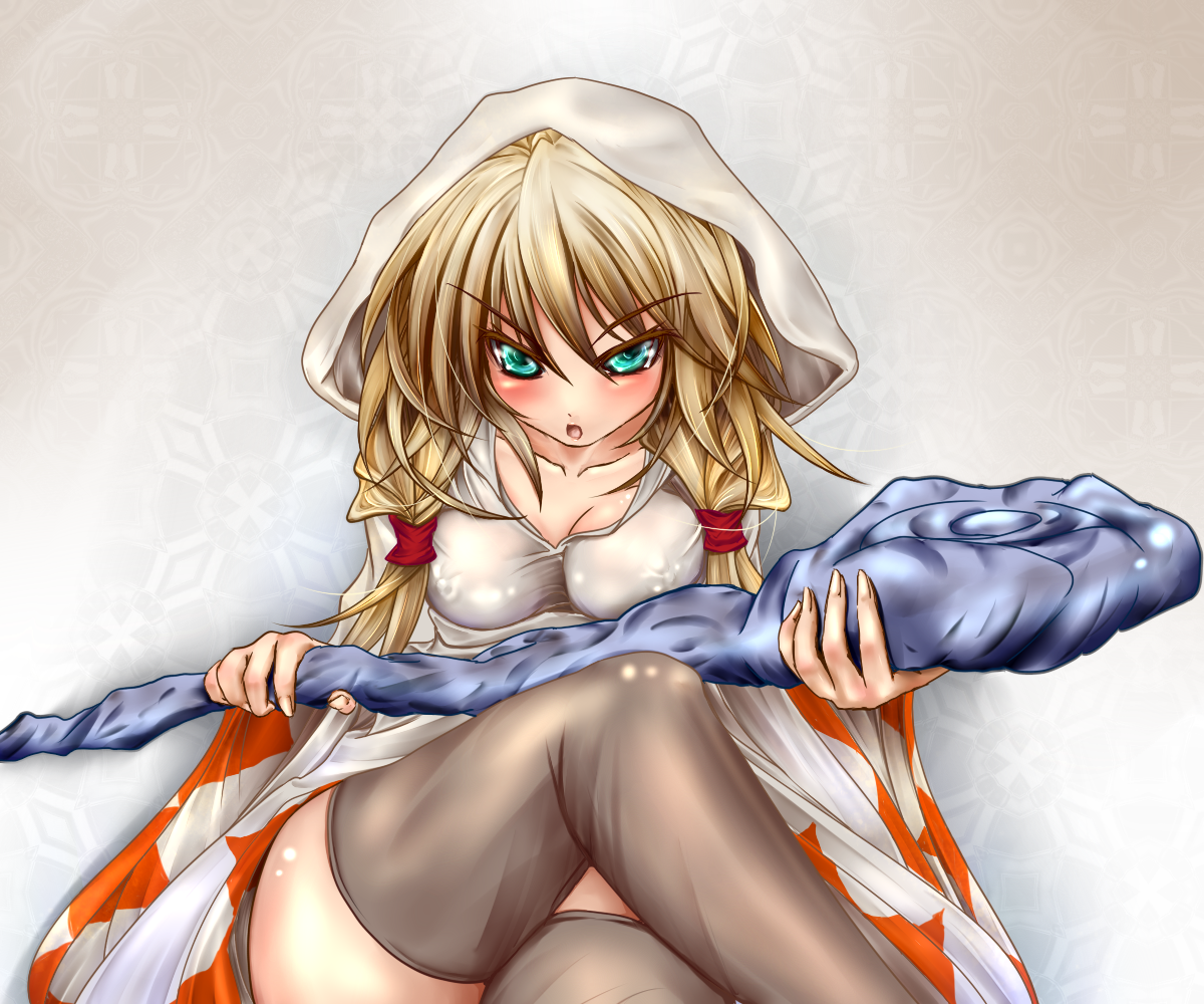 monikano, white mage (fft), white mage (final fantasy), final fantasy, final fantasy tactics, eyebrows, white mage, 1girl, angry, blonde hair, blue eyes, blush, crossed legs, female focus, green eyes, hood, open mouth, robe, sitting, solo, staff, thighhighs, twintails, wet, wet clothes