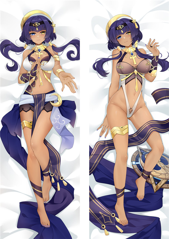 moeanime, candace (genshin impact), genshin impact, commentary request, 1girl, ankh, barefoot, blue eyes, breasts, bridal gauntlets, closed mouth, dakimakura (medium), eye of horus, full body, hand on own chest, harem outfit, heterochromia, jewelry, large breasts, lying, multiple views, navel, on back, purple hair, shield, smile, thighlet, yellow eyes