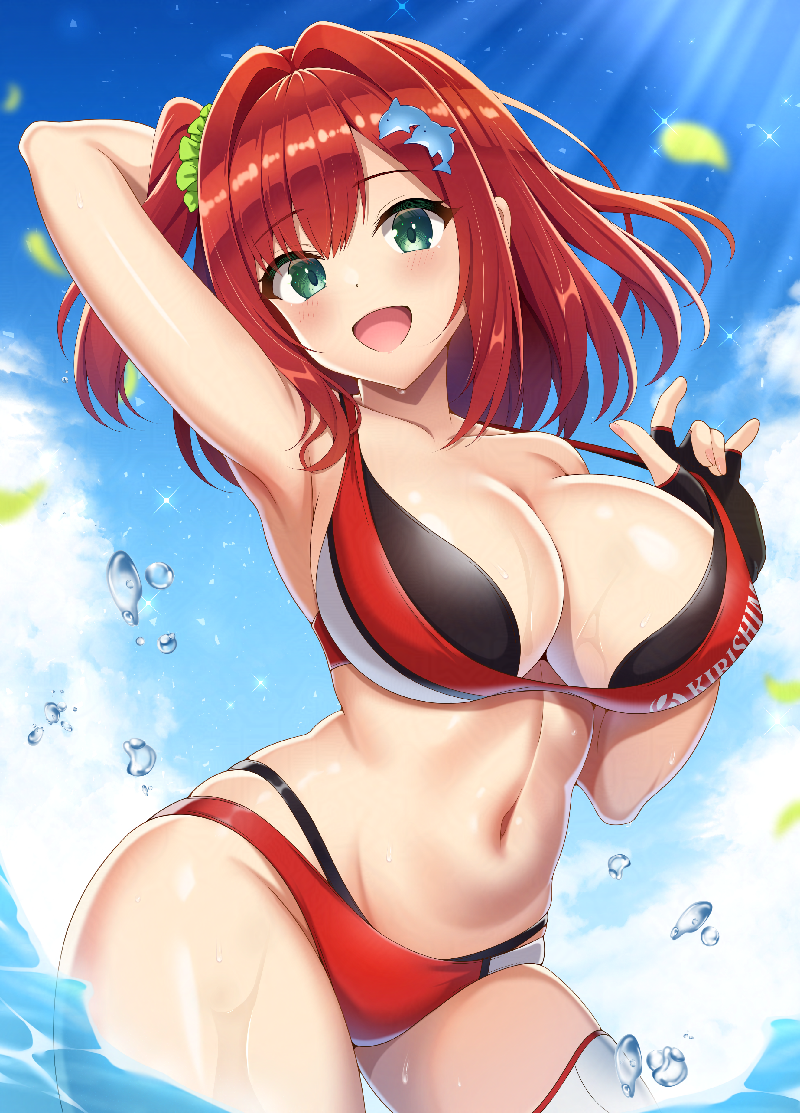 pinesphere, sakimiya iruka, dolphin wave, absurdres, commentary request, highres, 1girl, :d, arm behind head, arm up, armpits, bare arms, bare shoulders, bikini, black bikini, black gloves, blue sky, blush, breasts, clothes writing, cloud, collarbone, contrapposto, cowboy shot, day, dolphin hair ornament, falling leaves, fingerless gloves, gloves, green eyes, green scrunchie, groin, hair intakes, hair ornament, hair scrunchie, hairclip, halterneck, hand up, large breasts, layered bikini, leaf, light particles, looking at viewer, medium hair, multi-strapped bikini bottom, multicolored bikini, navel, one side up, open mouth, outdoors, red bikini, red hair, scrunchie, single thighhigh, sky, smile, solo, sparkle, standing, stomach, strap lift, swimsuit, thighhighs, two-tone bikini, wading, water, water drop, wet, white bikini, white thighhighs