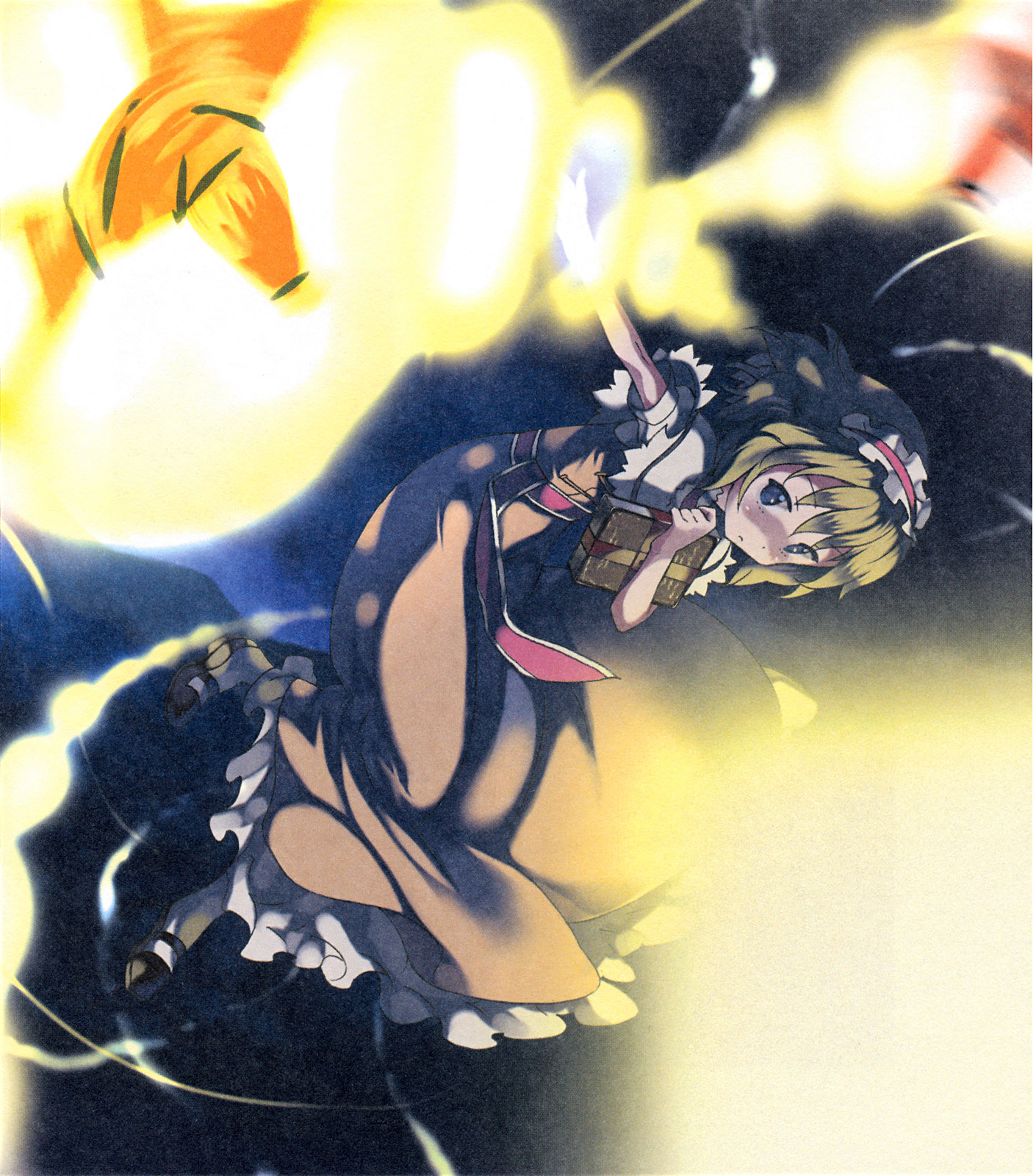 moriki takeshi, alice margatroid, touhou, highres, official art, 1girl, blonde hair, blue eyes, book, bow, capelet, danmaku, doll, dress, female focus, hairband, ribbon, short hair, solo