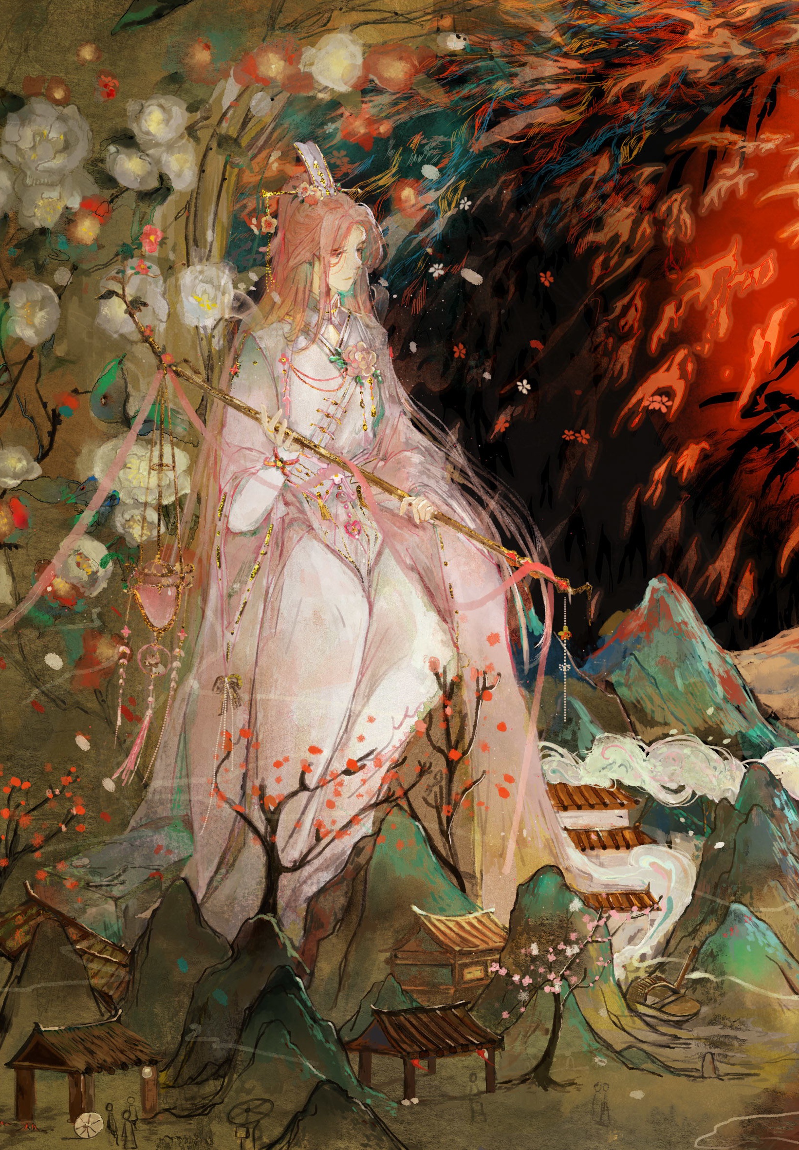 snow starch (the tale of food), the tale of food, chinese commentary, commission, highres, 1boy, architecture, bridal gauntlets, brown background, camellia, cherry blossoms, chinese clothes, closed mouth, coat, daxiushan, east asian architecture, feet out of frame, flower, flower ornament, hair flower, hair ornament, hanfu, holding, holding lantern, holding wand, house, huai xu sapling, lantern, leaf, light smile, long hair, long sleeves, male focus, mountain, open clothes, open coat, parted bangs, pink coat, pink flower, pink hair, pink hanfu, pink ribbon, plum blossoms, purple eyes, red flower, ribbon, robe, sitting, smoke, solo, tree, very long hair, wand, white bridal gauntlets, white flower, white hanfu, white robe, wide ponytail, wide sleeves, xiao guan (headdress)