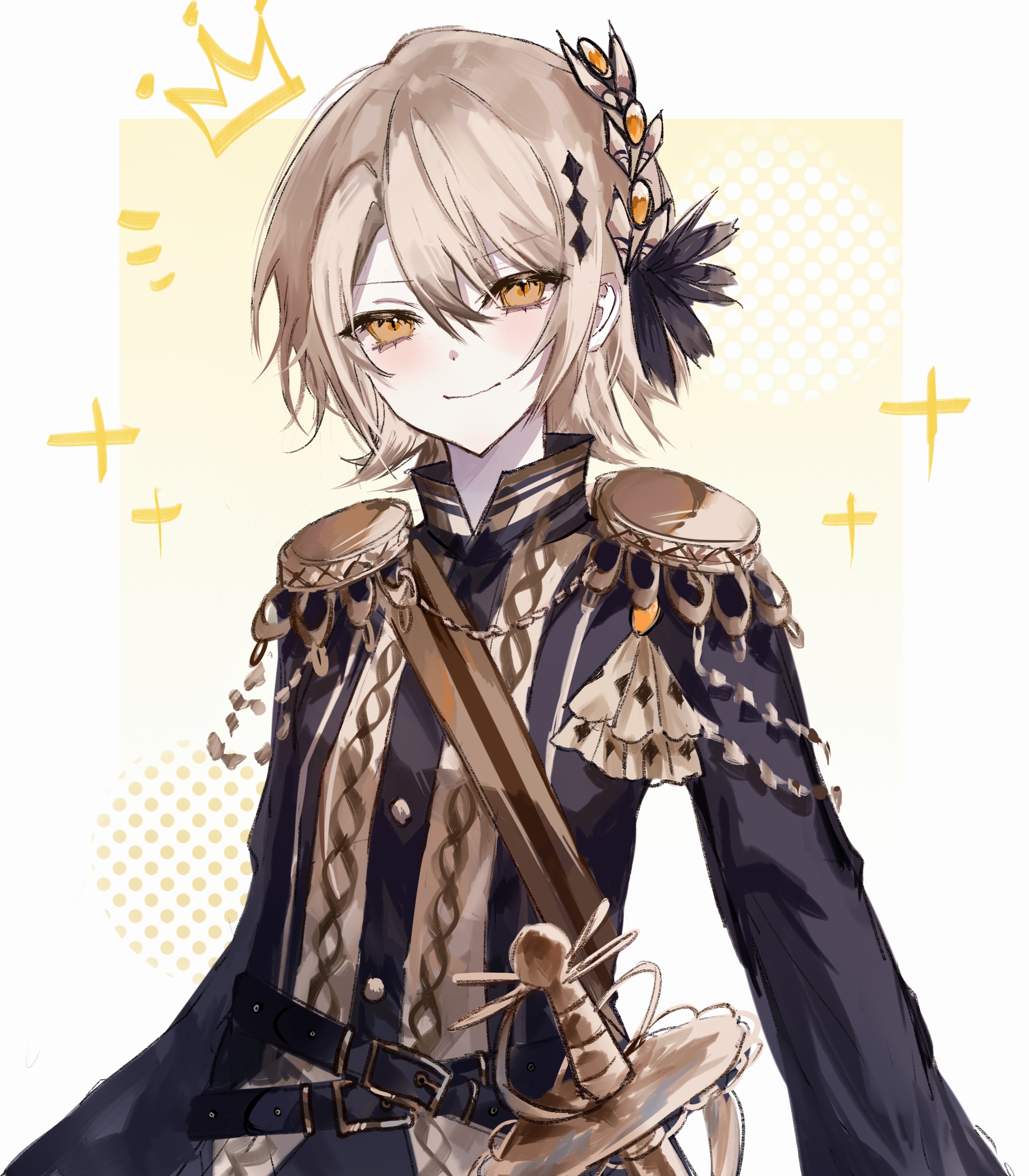 hasumi leia, mahou shoujo no majo saiban, chinese commentary, commentary request, highres, 1girl, belt, black belt, black jacket, blonde hair, closed mouth, crown, epaulettes, hair between eyes, higasa (hikasaaawa), jacket, long sleeves, looking at viewer, sash, short hair, shoulder sash, smile, solo, sparkle, upper body, yellow eyes