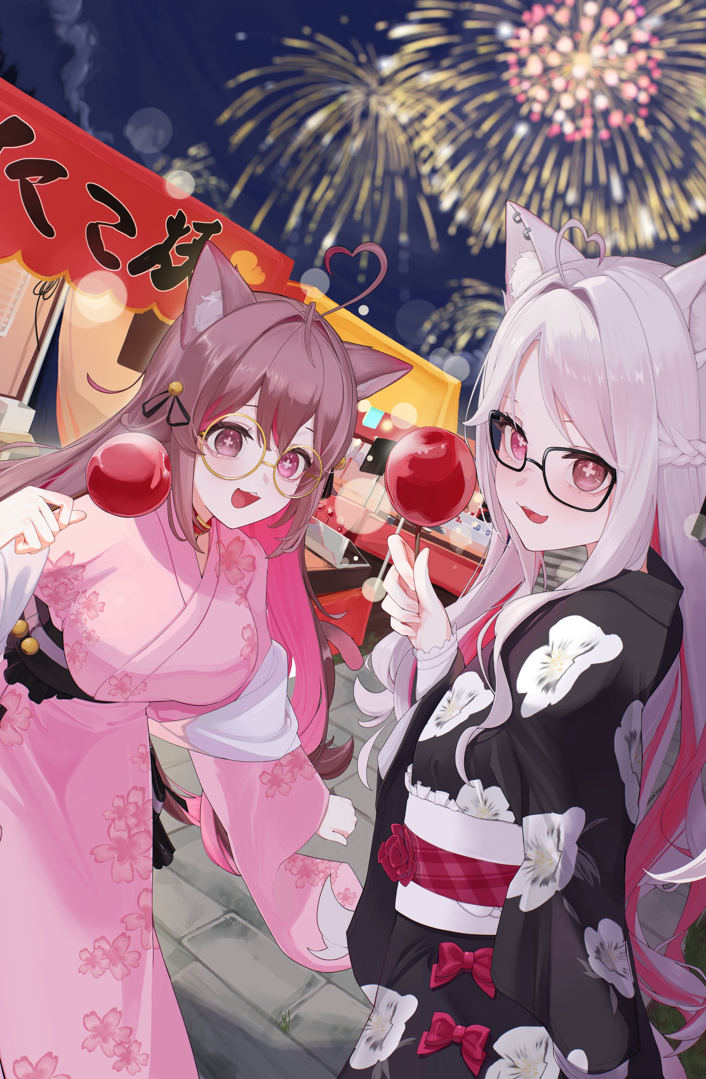 edge ill, absurdres, character request, commentary request, commission, copyright request, highres, skeb commission, 2girls, aerial fireworks, ahoge, animal ear fluff, animal ears, black kimono, blurry, blurry background, breasts, brown hair, candy apple, cat ears, cat girl, cowboy shot, cross-shaped pupils, double-parted bangs, fireworks, floral print, floral print kimono, food, glasses, grey hair, hair ornament, hand up, heart, heart ahoge, holding, holding candy apple, holding food, japanese clothes, kimono, large breasts, long hair, long sleeves, looking at viewer, multiple girls, open mouth, parted bangs, pink eyes, pink kimono, print kimono, small breasts, smile, symbol-shaped pupils, wide sleeves