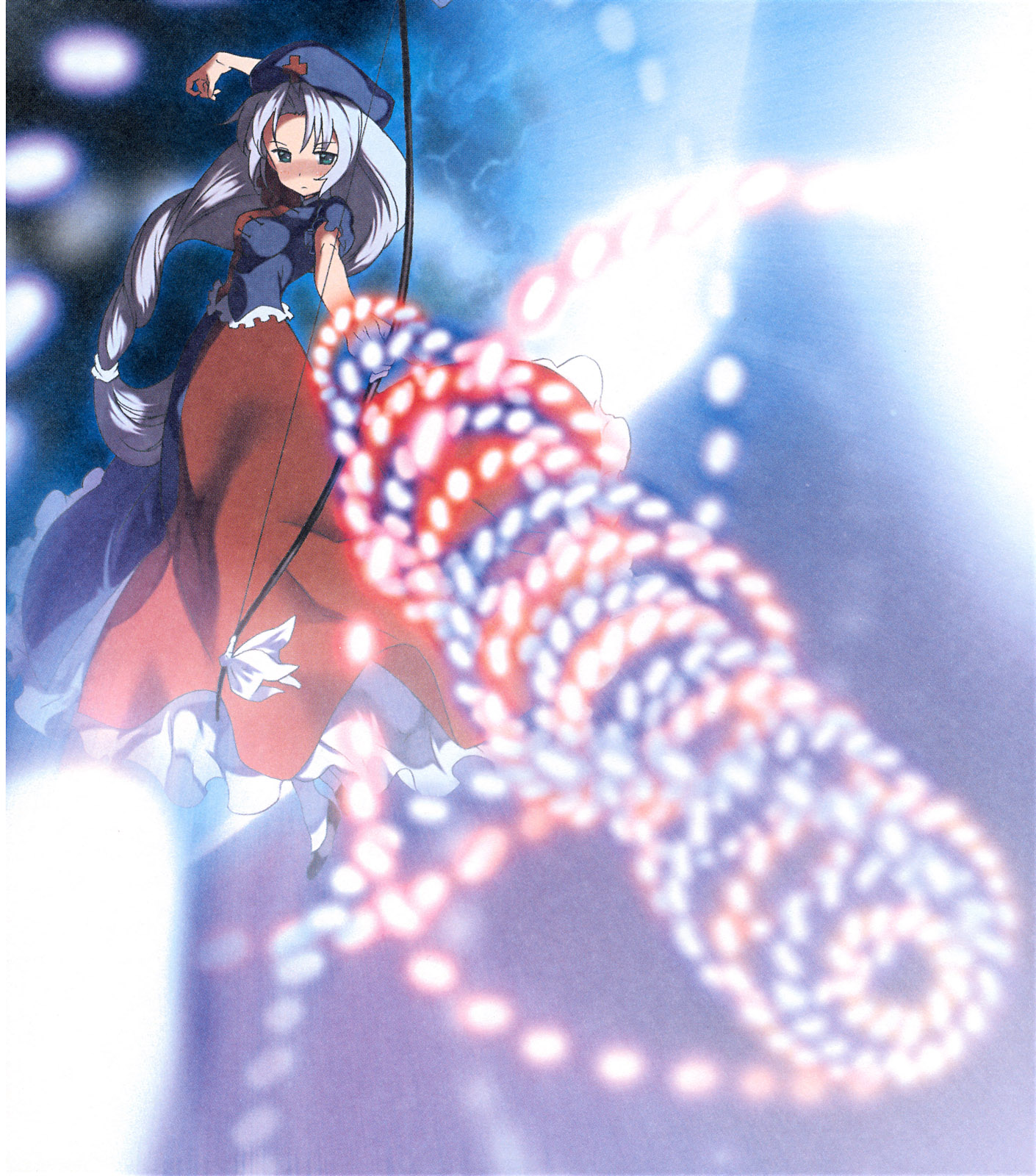 moriki takeshi, yagokoro eirin, touhou, silver hair, highres, official art, 1girl, blue eyes, bow (weapon), braid, breasts, danmaku, dress, female focus, hat, large breasts, long hair, solo, weapon