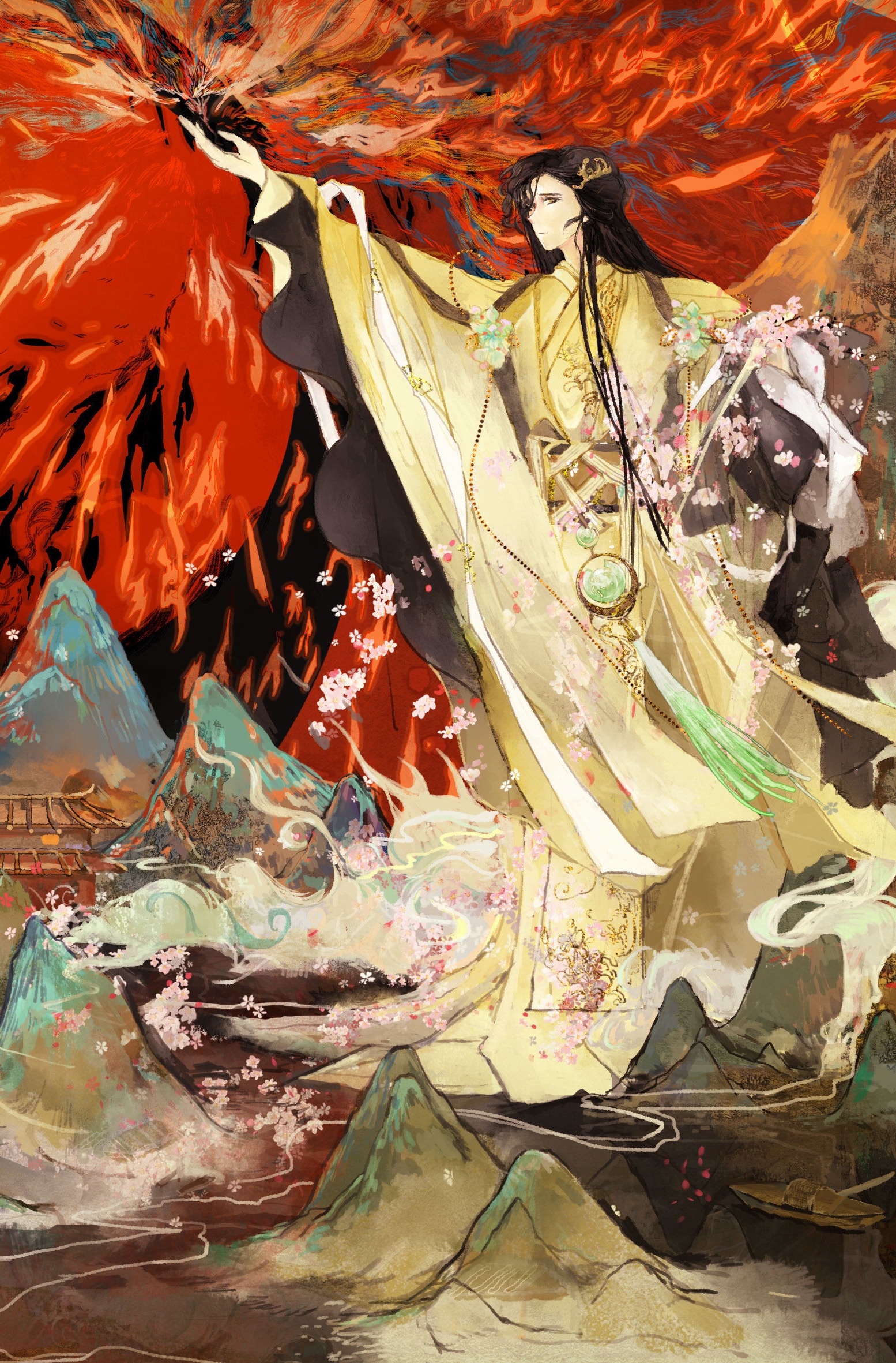 the tale of food, chinese commentary, commission, highres, 1boy, architecture, black hair, boat, brown sash, cape, cherry blossoms, chinese clothes, closed mouth, corsage, east asian architecture, expressionless, falling flower, flower, full body, gate, hair ornament, hairclip, hand up, hanfu, heavenly white (the tale of food), holding, holding flower, house, huai xu sapling, long hair, long sleeves, looking at viewer, male focus, mountain, outstretched arm, parted bangs, pink flower, red sky, river, robe, sash, side part, sideways glance, sky, smoke, solo, spirit, standing, sweater guard, tassel, very long hair, waist sash, watercraft, wide sleeves, yaopei, yellow cape, yellow eyes, yellow hanfu, yellow robe