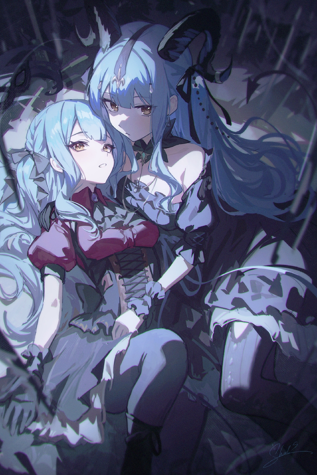 shali, oblivionis (bang dream!), togawa sakiko, togawa sakiko (master of melodia), arknights, bang dream!, bang dream! it's mygo!!!!!, chinese commentary, commentary request, highres, 2girls, artist name, bare shoulders, black dress, black gloves, black horns, black skirt, black thighhighs, black wrist cuffs, blue eyes, braid, breasts, brown corset, closed mouth, collarbone, collared shirt, corset, criss-cross strings, curled horns, dress, dual persona, frilled wrist cuffs, frills, gloves, hair ribbon, hair spread out, hand on another's waist, headpiece, horn ornament, horn ring, horns, knee up, long hair, lying, medium breasts, multiple girls, parted lips, puffy short sleeves, puffy sleeves, red shirt, ribbon, shirt, short sleeves, sidelocks, skirt, thighhighs, thighs, very long hair, wrist cuffs, yellow eyes