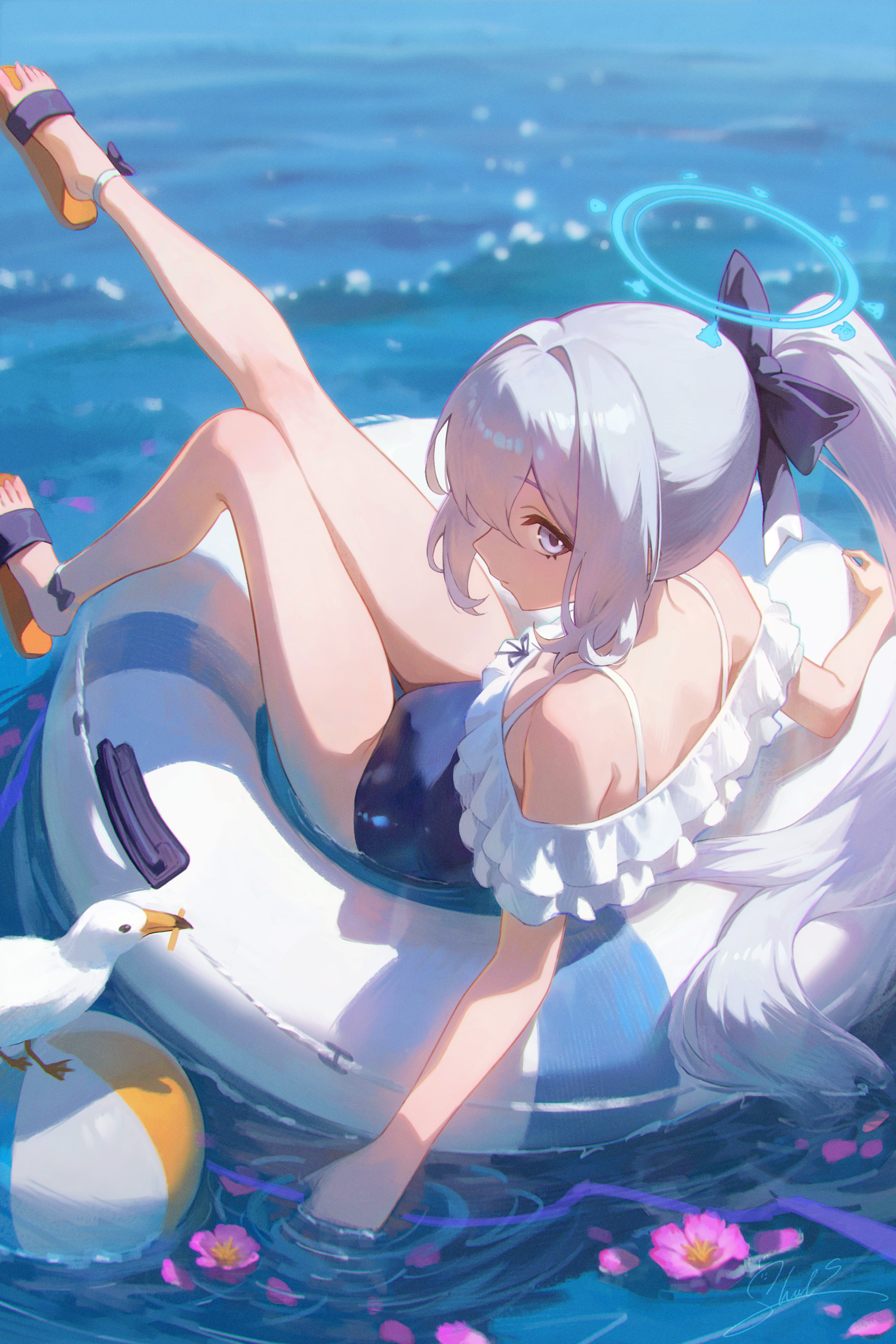 shali, miyako (blue archive), miyako (swimsuit) (blue archive), blue archive, absurdres, chinese commentary, commentary request, highres, 1girl, animal, artist name, bare shoulders, beach, bird, black bow, blue halo, blue one-piece swimsuit, bow, breasts, closed mouth, day, feet, flower, flower on liquid, frilled one-piece swimsuit, frills, from above, from behind, hair between eyes, hair bow, hair intakes, halo, innertube, leg up, legs, long hair, looking at viewer, looking back, lying, ocean, off-shoulder one-piece swimsuit, off shoulder, official alternate costume, on innertube, one-piece swimsuit, orange sandals, outdoors, pink flower, ponytail, purple eyes, sandals, seagull, sidelocks, small breasts, solo, sunlight, swim ring, swimsuit, thighs, toes, turning head, very long hair, waves, wet, white hair