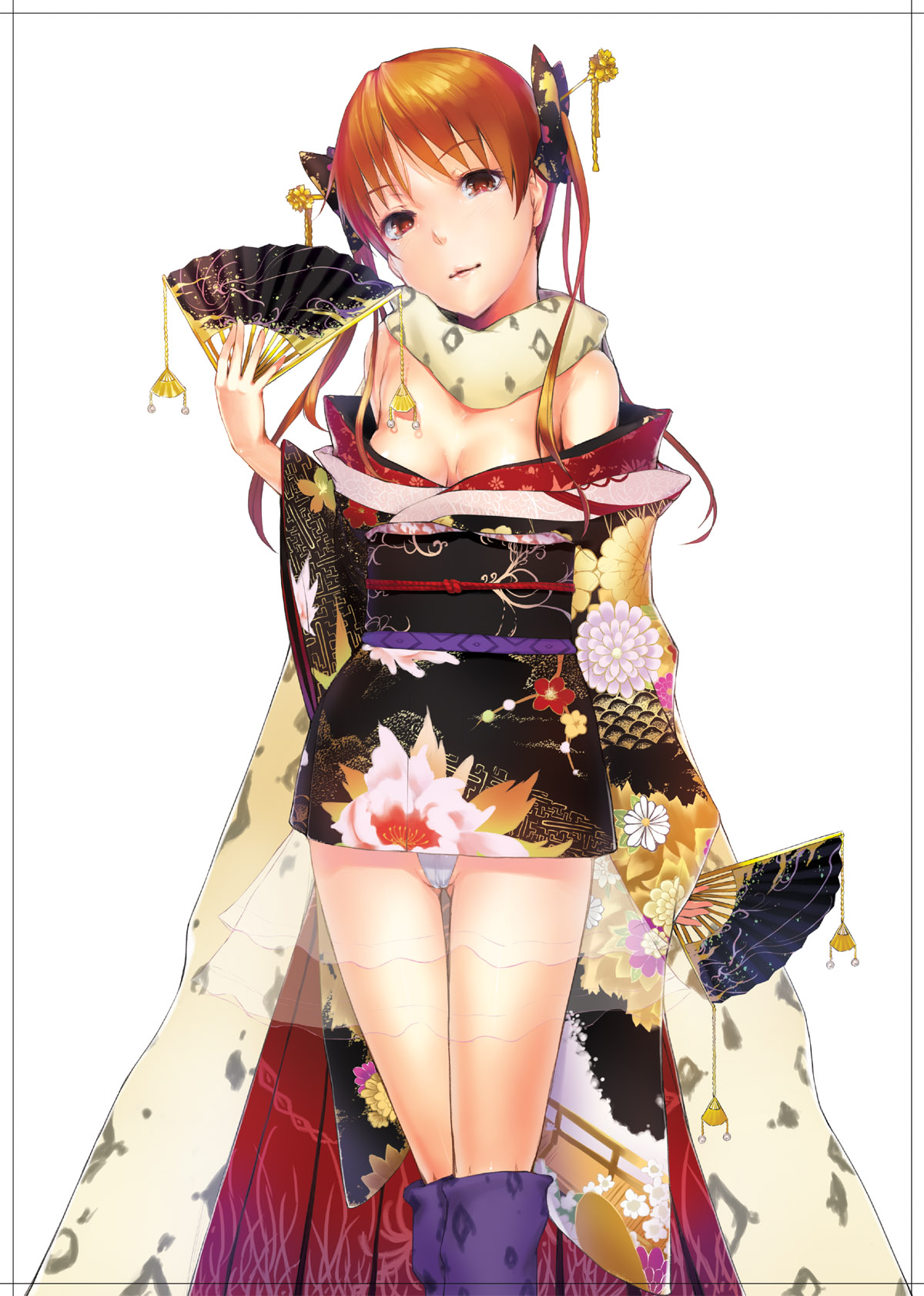 cior, shirai kuroko, toaru kagaku no railgun, toaru majutsu no index, highres, 00s, 1girl, bad anatomy, bad proportions, brown hair, cameltoe, female focus, folding fan, hair ornament, hand fan, holding, holding fan, japanese clothes, kimono, panties, poorly drawn, scarf, solo, twintails, underwear