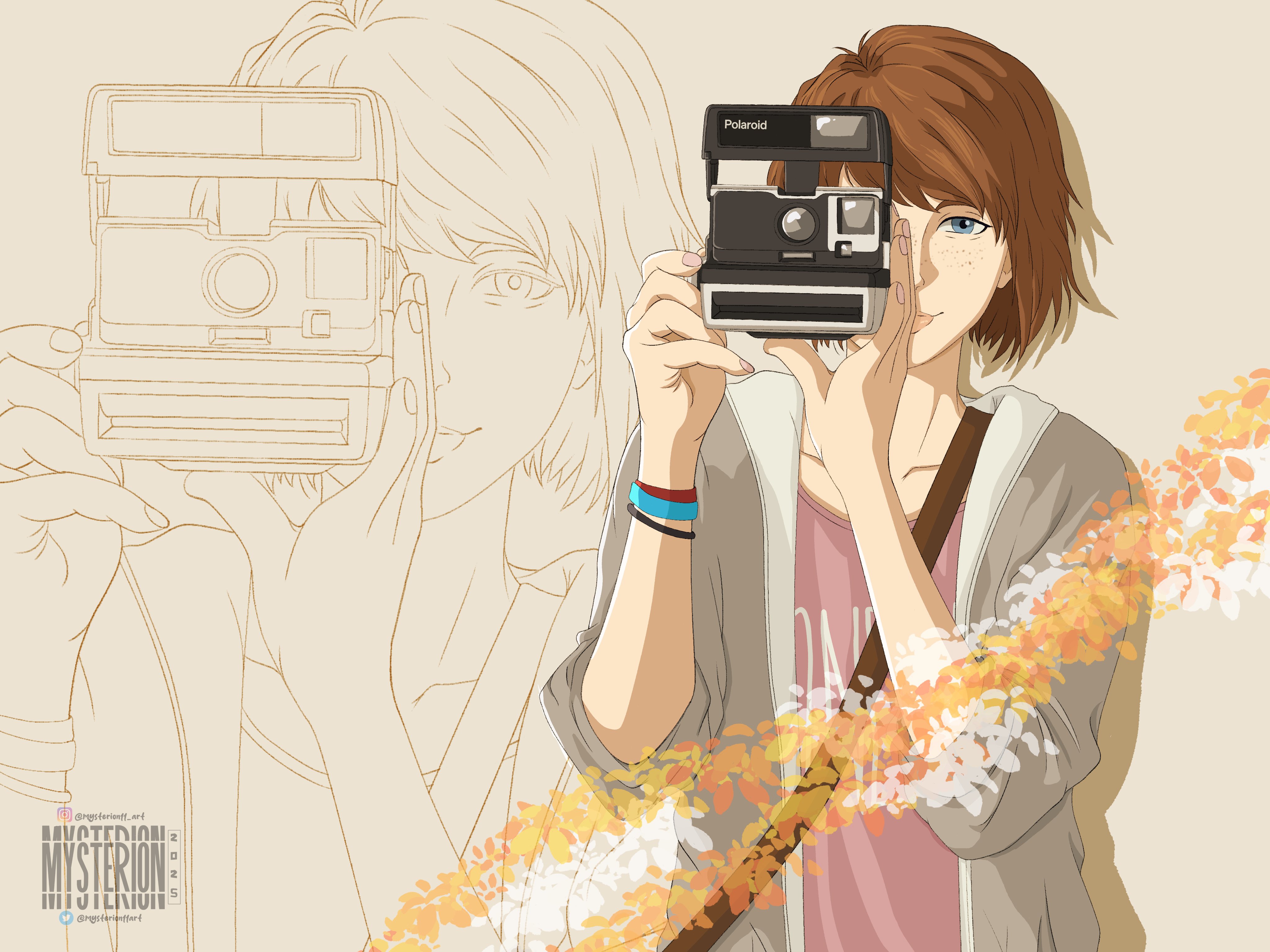 max caulfield, life is strange (series), life is strange 1, absurdres, highres, 1girl, artist name, blue eyes, brown hair, camera, grey jacket, holding, holding camera, jacket, looking at viewer, mysterion11art, open clothes, open jacket, pink shirt, shirt, short hair, upper body, zoom layer