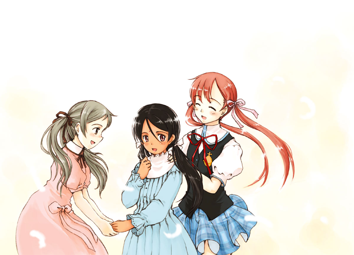 ooshiro youkou, kaya xavier, onodera asahi, sayu (clovers), sayu (shirotsume souwa), episode of the clovers, littlewitch, period, shirotsume souwa, shoujo mahou gaku littlewitch romanesque, 3girls, closed eyes, crossover, dress, hair ribbon, holding hands, multiple girls, ribbon, smile, twintails