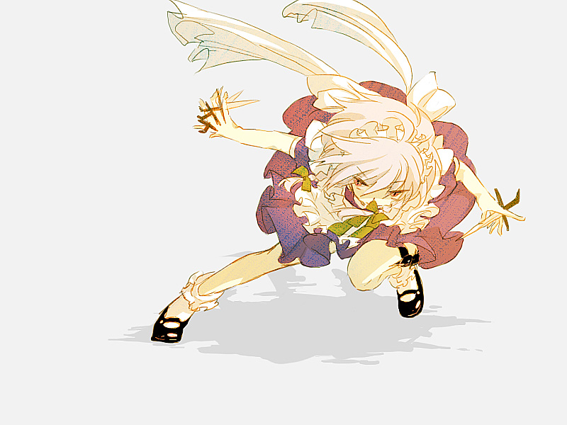 sugi, izayoi sakuya, touhou, silver hair, bad id, bad pixiv id, 1girl, braid, female focus, hair ribbon, knife, maid, red eyes, ribbon, solo, throwing knife, twin braids, weapon