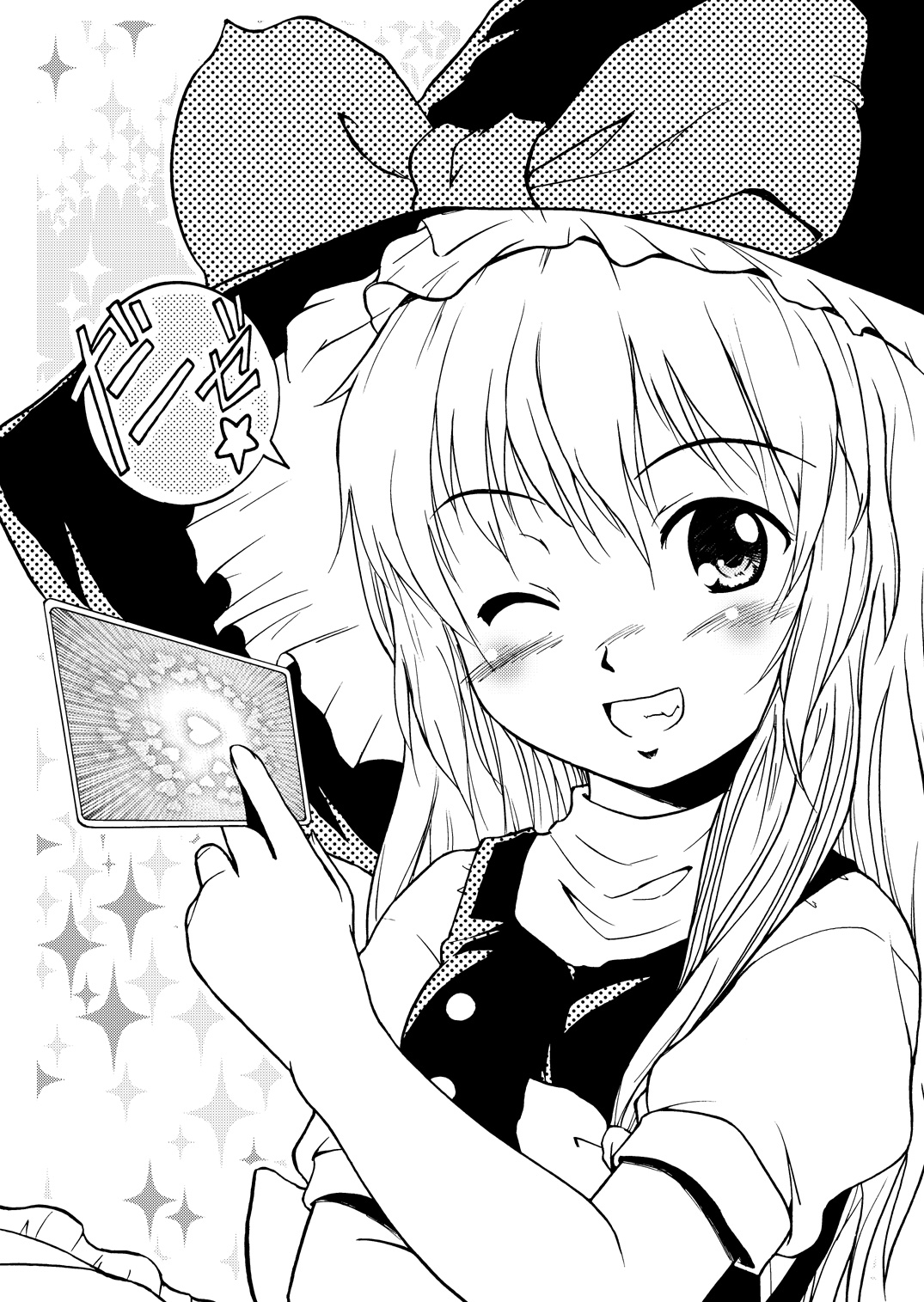 ooshiro youkou, kirisame marisa, touhou, highres, 1girl, blush, card, female focus, greyscale, grin, heart, holding, holding card, monochrome, one eye closed, smile, solo, sparkle, wink