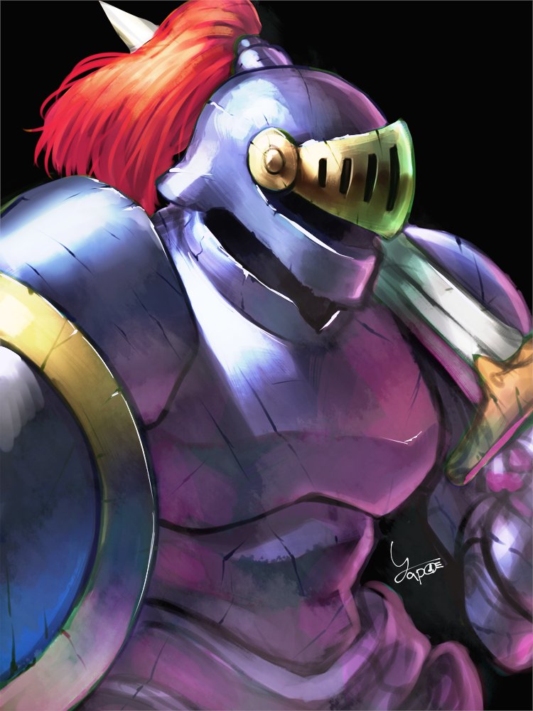 yapo (croquis side), dragon quest, commentary request, asymmetrical dual wielding, black background, creature, creature focus, dual wielding, helmet, holding, holding shield, holding sword, holding weapon, knight, monster, monster focus, no humans, plume, restless armour, shield, silver armor, sword, weapon