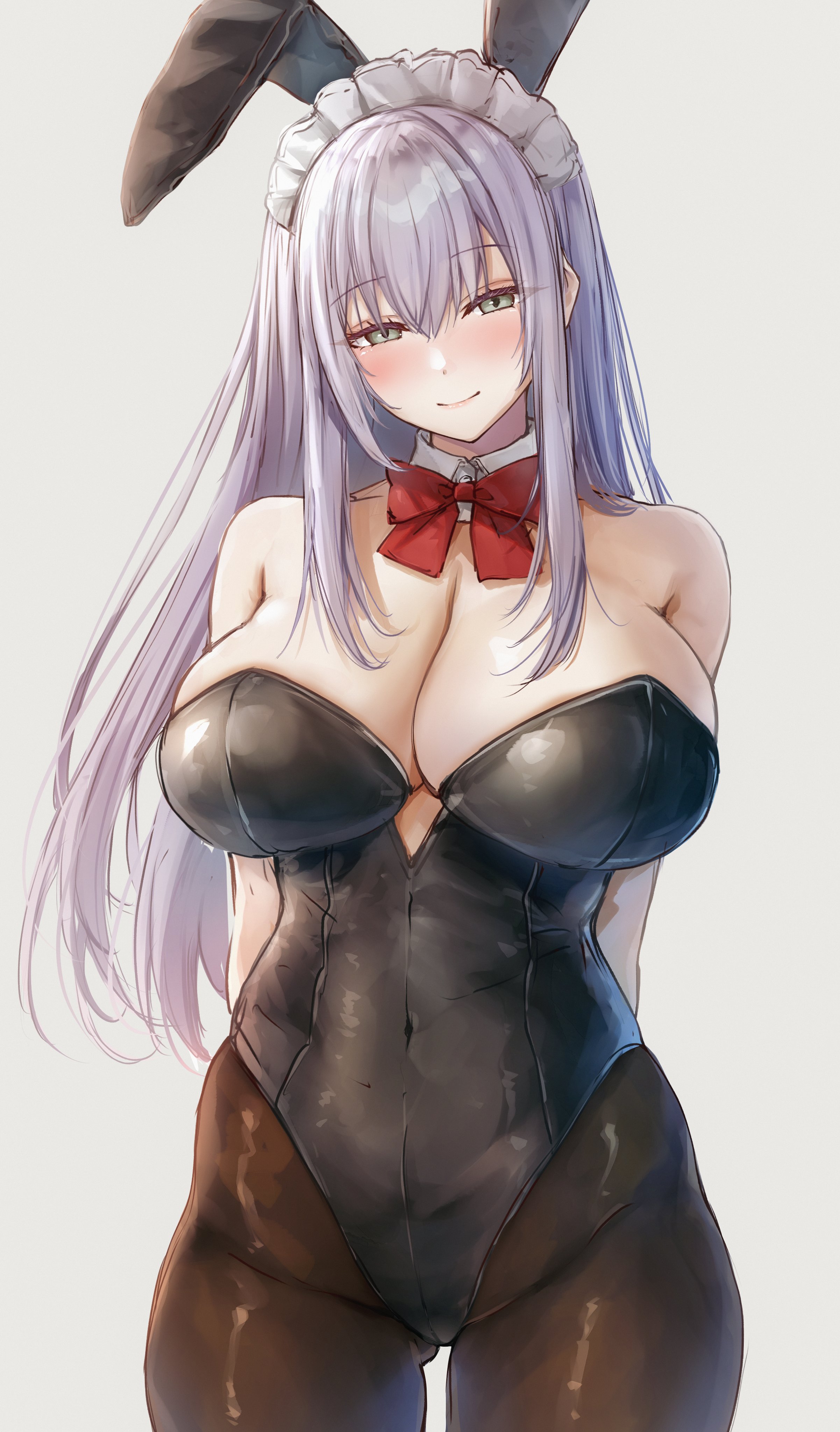suien, original, absurdres, commentary, highres, 1girl, animal ears, arms behind back, bare shoulders, black leotard, black pantyhose, blush, bow, bowtie, breasts, closed mouth, detached collar, fake animal ears, gluteal fold, green eyes, grey background, large breasts, leotard, long hair, looking at viewer, maid headdress, pantyhose, playboy bunny, rabbit ears, red bow, red bowtie, simple background, smile, solo, white hair