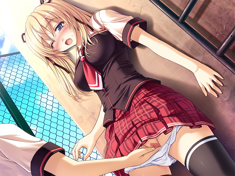toma (asagayatei), nishizono aika, sister x sister ~lovevery sisters~, game cg, 1girl, against wall, black thighhighs, blonde hair, blue eyes, blush, censored, chain-link fence, day, fence, fingering, hetero, mosaic censoring, necktie, one eye closed, open mouth, panties, panty pull, plaid clothes, plaid skirt, pussy, school uniform, skirt, solo focus, thighhighs, twintails, underwear, white panties, wince, wink, zettai ryouiki