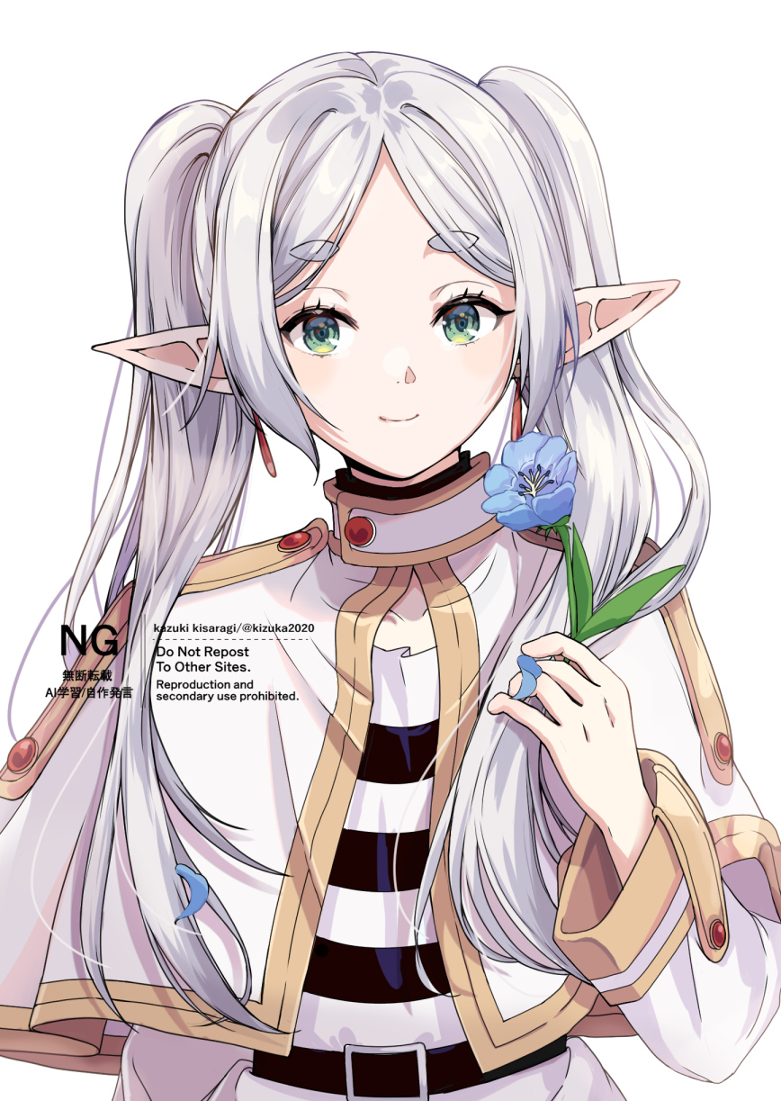 kizuka2020, frieren, sousou no frieren, highres, 1girl, belt, black belt, dress, elf, flower, green eyes, holding, holding flower, long hair, pointy ears, short eyebrows, simple background, smile, solo, twintails, upper body, watermark, white background, white dress