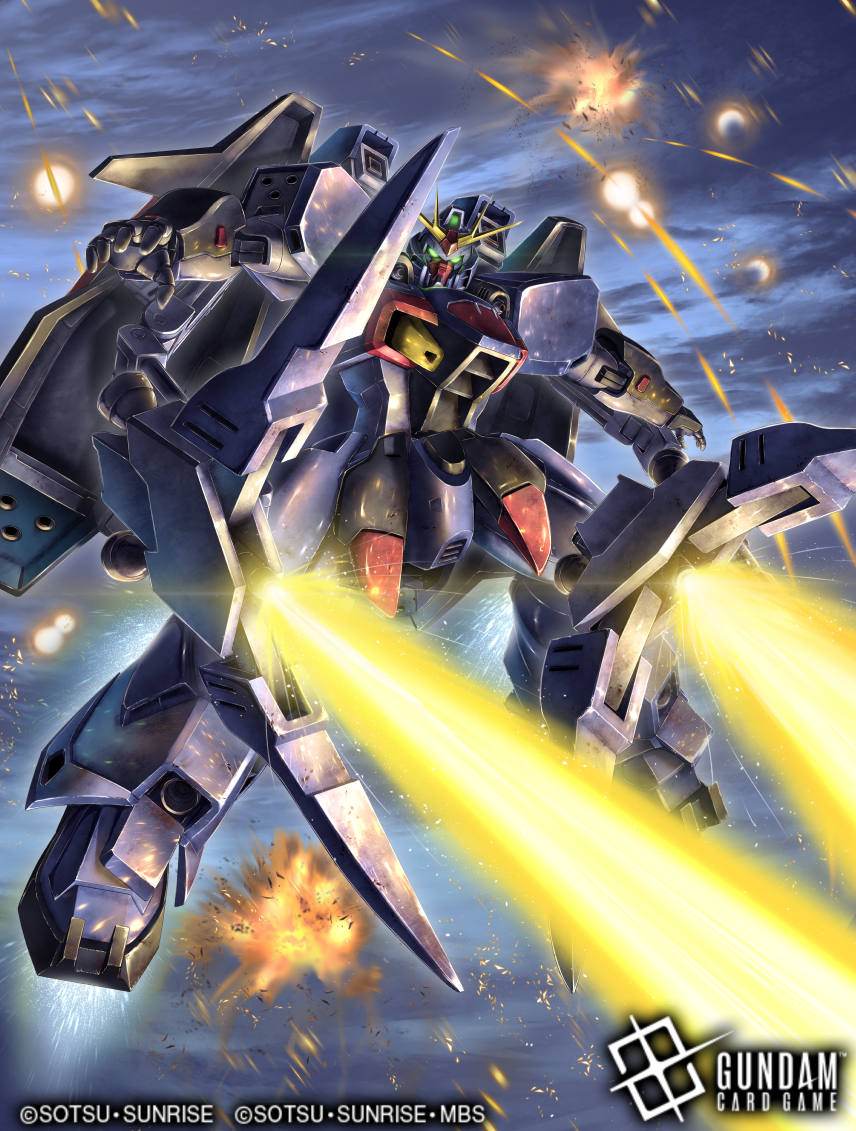 soezy, gundam ashtaron, after war gundam x, gundam, gundam card game, commentary request, official art, beam cannon, copyright logo, copyright name, logo, machinery, mecha, mecha focus, mobile suit, no humans, robot, v-fin