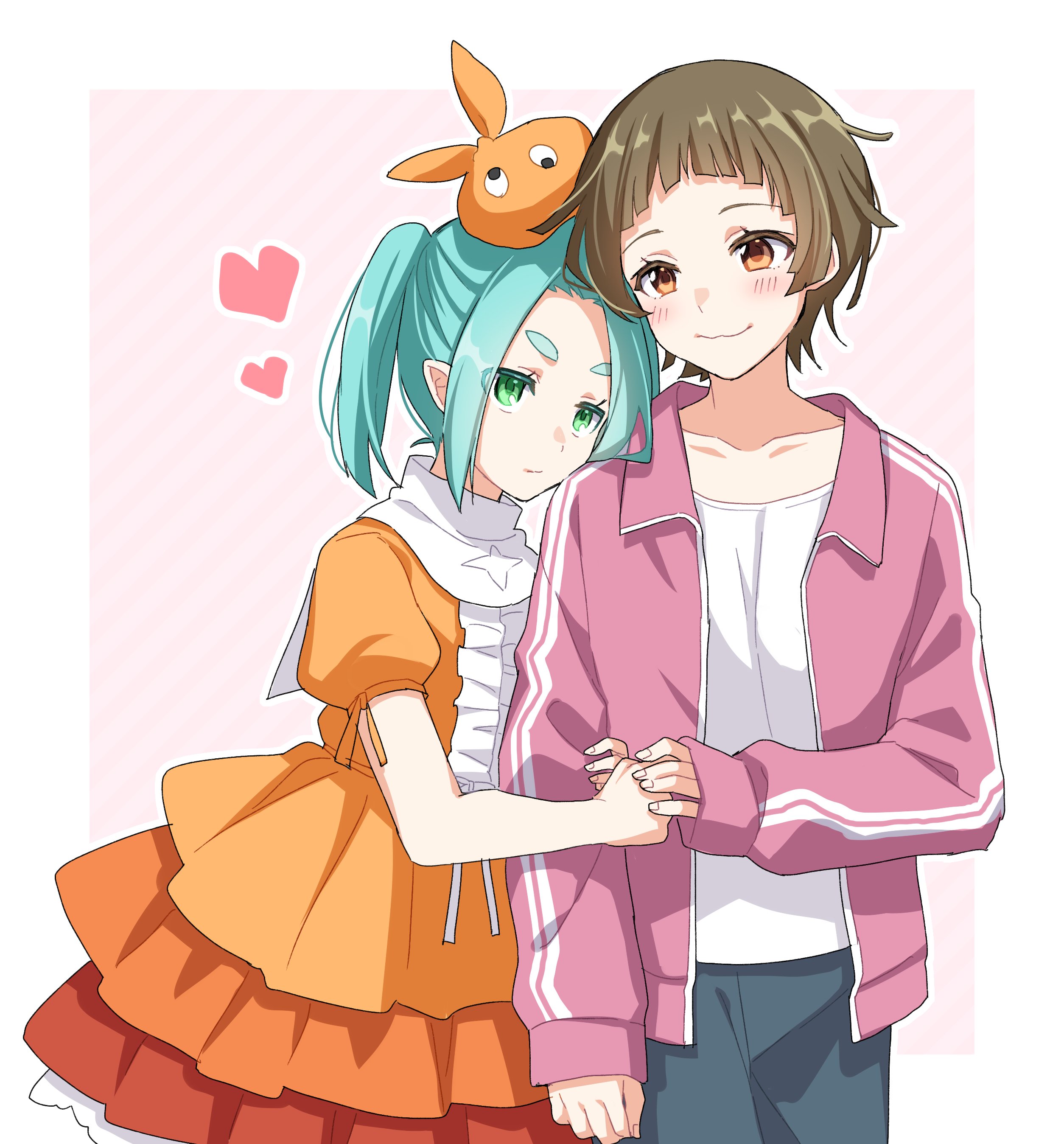 manimani (mani ma), ononoki yotsugi, sengoku nadeko, monogatari (series), absurdres, commentary, highres, 2girls, aqua hair, blush, border, brown eyes, brown hair, collarbone, couple, dress, eye on hat, green eyes, hat, heart, holding hands, jacket, layered dress, looking at another, multiple girls, orange dress, orange hat, outside border, pink background, pink jacket, puffy short sleeves, puffy sleeves, shirt, short sleeves, smile, white border, white shirt, yuri