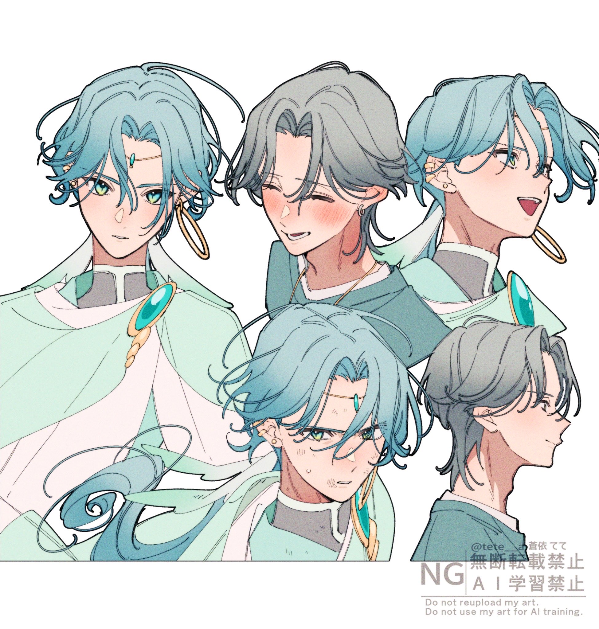 aoi tete, hibiki kaito, kimi to idol precure, precure, highres, 1boy, blush, brooch, buttons, cloak, collarbone, cure connect, diamond (shape), diamond button, earrings, floating hair, forehead jewel, green cloak, green eyes, green hair, hair ornament, hair wings, hoop, hoop earrings, jewelry, long hair, looking up, low-tied long hair, mature male, multiple earrings, multiple views, neck, open mouth, profile, scar, scar on face, see-through scarf, serious, short hair, sleeveless, smile, sweat, sweatdrop, twitter username, upper body, watermark, wing hair ornament