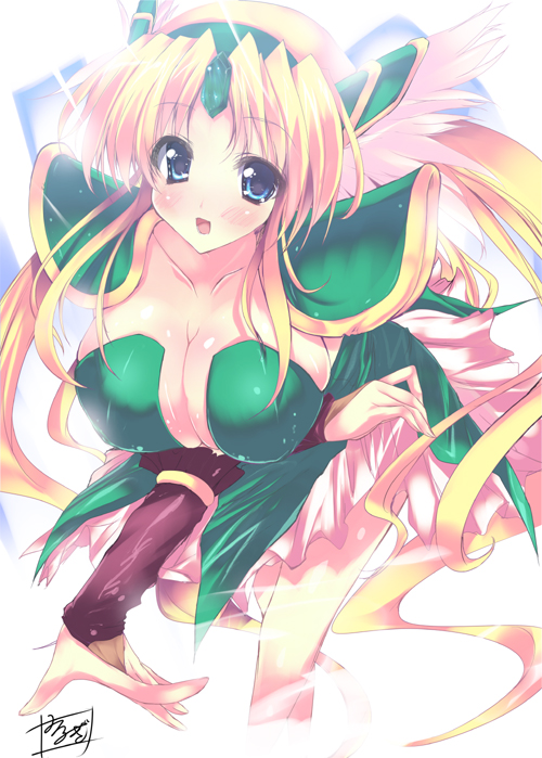 noto kurumi, riesz, seiken densetsu, seiken densetsu 3, 1girl, blonde hair, blue eyes, breasts, cleavage, female focus, head wings, helmet, large breasts, long hair, solo, winged helmet, wings