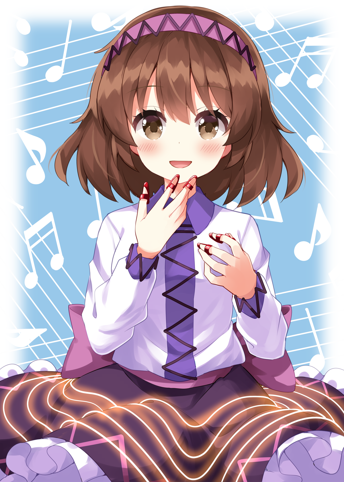 ruu (tksymkw), tsukumo yatsuhashi, touhou, commentary request, highres, 1girl, :d, blue background, blush, border, brown eyes, brown hair, collared shirt, contrast collar, cowboy shot, frilled skirt, frills, hairband, hands up, long sleeves, looking at viewer, musical note background, open mouth, outside border, purple hairband, purple shirt, purple skirt, shirt, short hair, skirt, smile, solo, white border