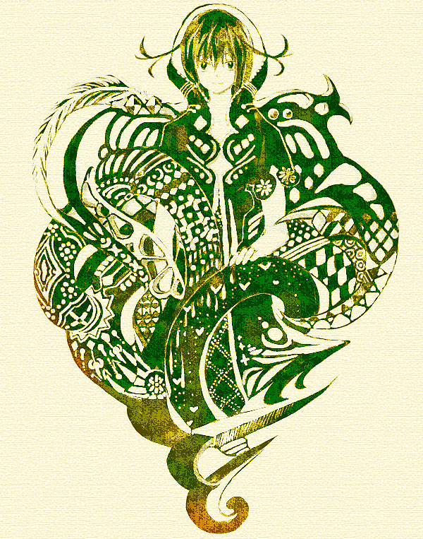 sugi, original, bad id, bad pixiv id, 1girl, abstract, feathers, female focus, green theme, monochrome, solo