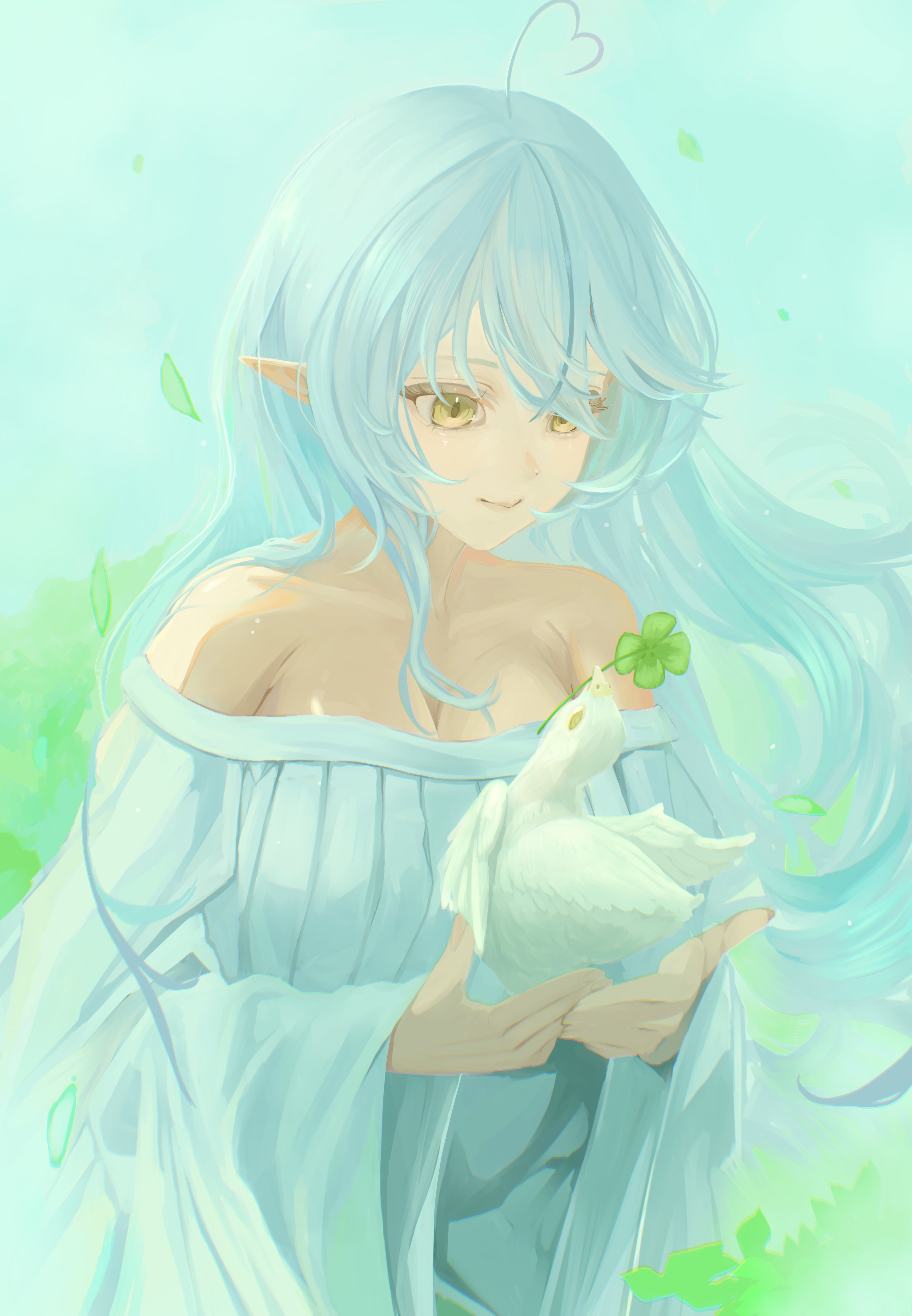 edge ill, yukihana lamy, hololive, absurdres, commentary, highres, symbol-only commentary, 1girl, ahoge, animal, bare shoulders, bird, blue background, blue dress, blue hair, breasts, cleavage, closed mouth, clover, dress, elf, four-leaf clover, heart, heart ahoge, holding, holding animal, long hair, long sleeves, looking at animal, off-shoulder dress, off shoulder, pointy ears, smile, solo, swept bangs, upper body, virtual youtuber, wide sleeves, yellow eyes