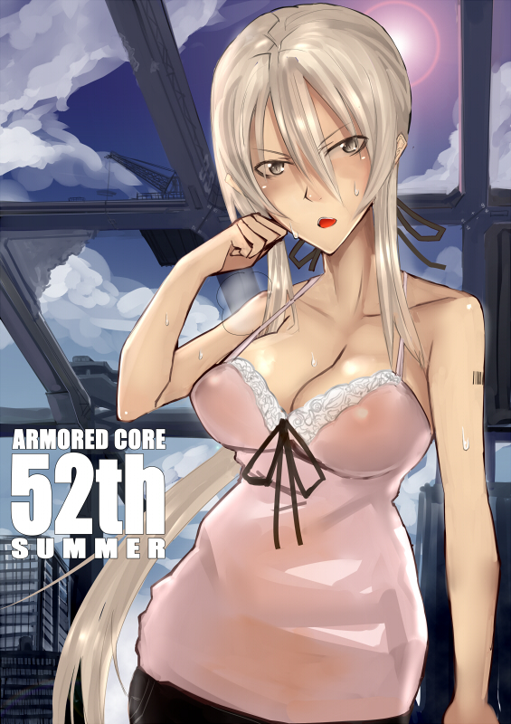 kawaguchi yukihiro, lana nielsen, armored core, armored core: master of arena, armored core: master of arena 2, fromsoftware, bad id, bad pixiv id, 1girl, barcode, blonde hair, breasts, building, city, cloud, english text, engrish text, female focus, outdoors, ponytail, ranguage, sky, solo, standing, sun