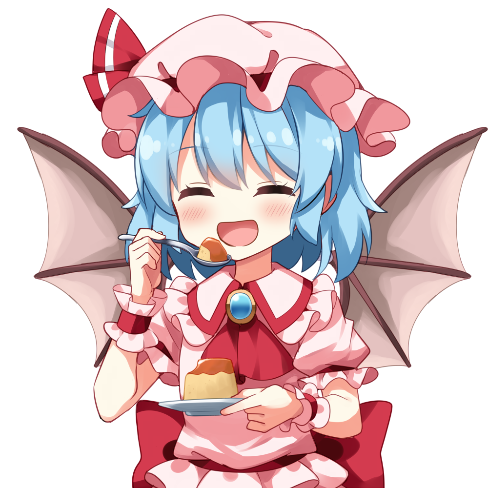 ruu (tksymkw), remilia scarlet, touhou, commentary request, 1girl, :d, ascot, back bow, bat wings, blue hair, blush, bow, closed eyes, collared shirt, eating, facing viewer, food, frilled shirt collar, frilled wrist cuffs, frills, hat, hat ribbon, holding, holding plate, holding spoon, mob cap, open mouth, pink hat, pink shirt, plate, pudding, red ascot, red bow, red ribbon, ribbon, shirt, short hair, short sleeves, simple background, smile, solo, spoon, upper body, white background, wings, wrist cuffs