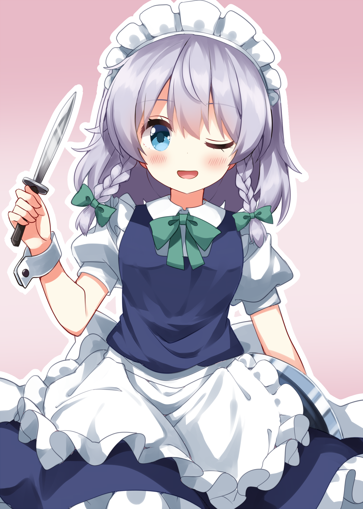 ruu (tksymkw), izayoi sakuya, touhou, commentary request, highres, 1girl, ;d, apron, blue dress, blush, bow, bowtie, braid, cowboy shot, dress, frilled apron, frilled dress, frills, green bow, green bowtie, grey hair, hair bow, hand up, holding, holding knife, knife, looking at viewer, maid headdress, one eye closed, open mouth, outline, pink background, short hair, short sleeves, smile, solo, twin braids, waist apron, white apron, white outline