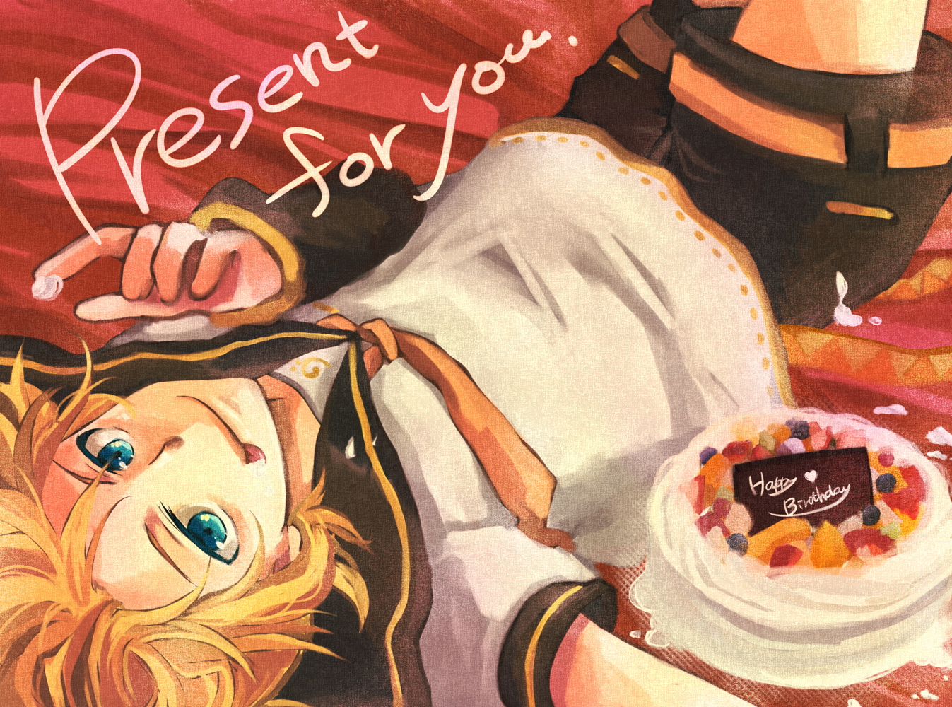 mukkun, kagamine len, vocaloid, 1boy, :p, blonde hair, blue eyes, cake, food, lying, male focus, necktie, on back, pastry, short hair, shorts, smile, solo, tongue, tongue out